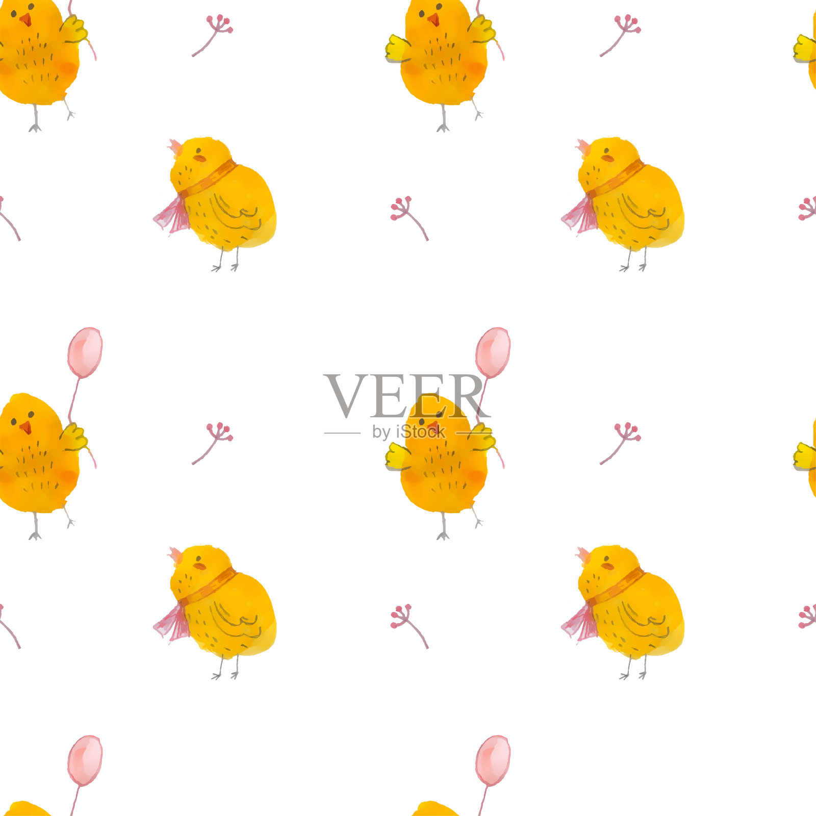 白色背景上有花的可爱小鸡。插画图片素材