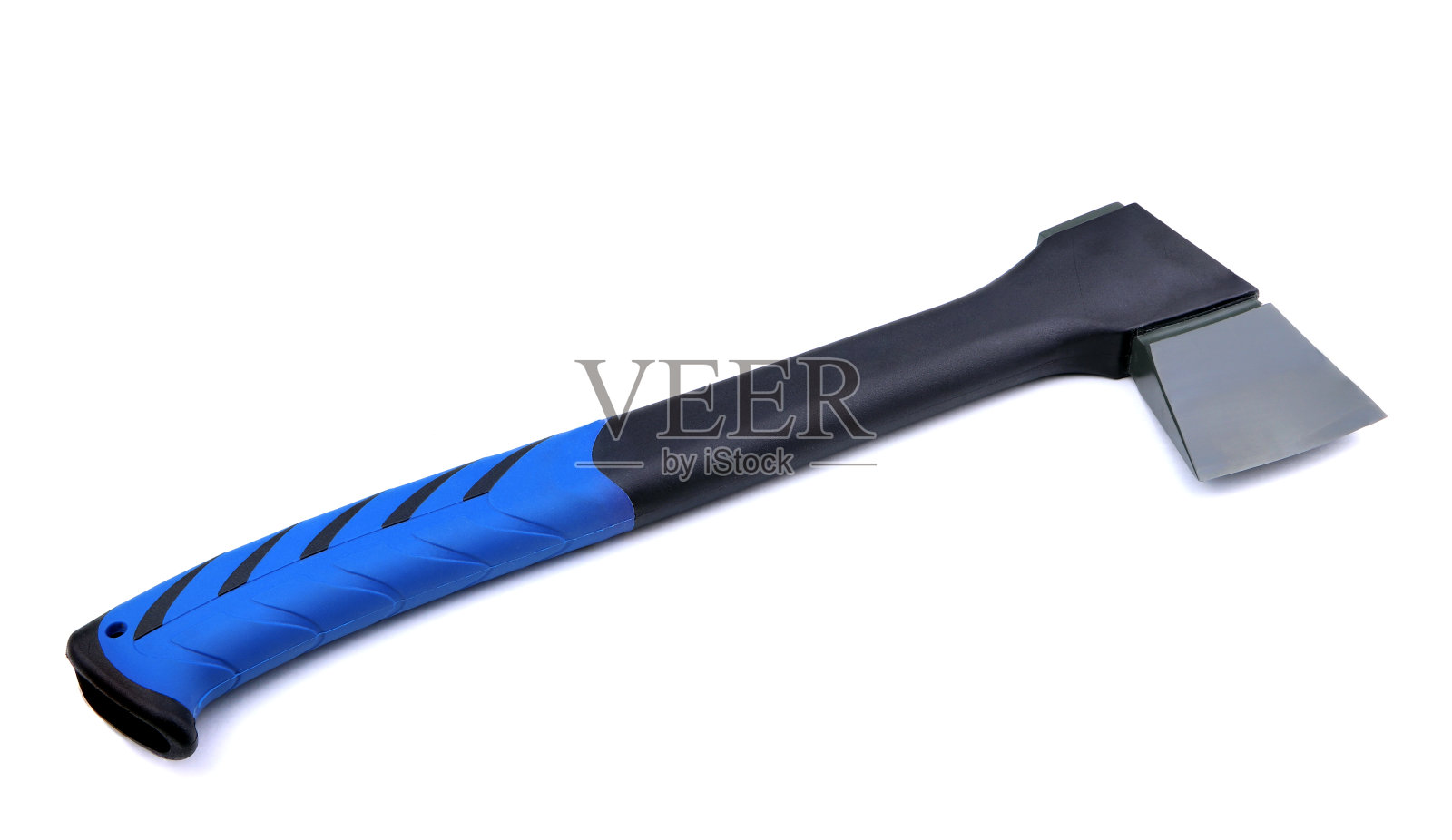 一只孤立在白色背景上的斧头。一把斧头。有蓝黑色柄的斧头。一个分裂的斧子。一个直升机。照片摄影图片