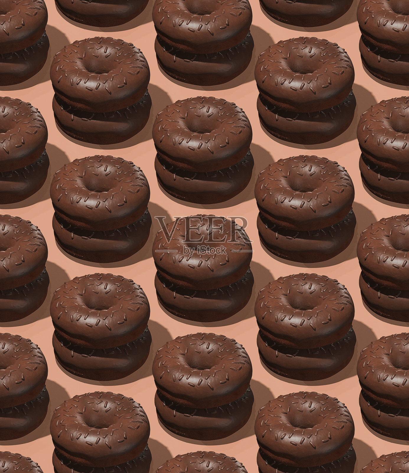 无缝等距3d模式。巧克力甜甜圈。最小的设计。甜甜圈爱好者，餐厅，面包房糖果店，食品配送概念照片摄影图片