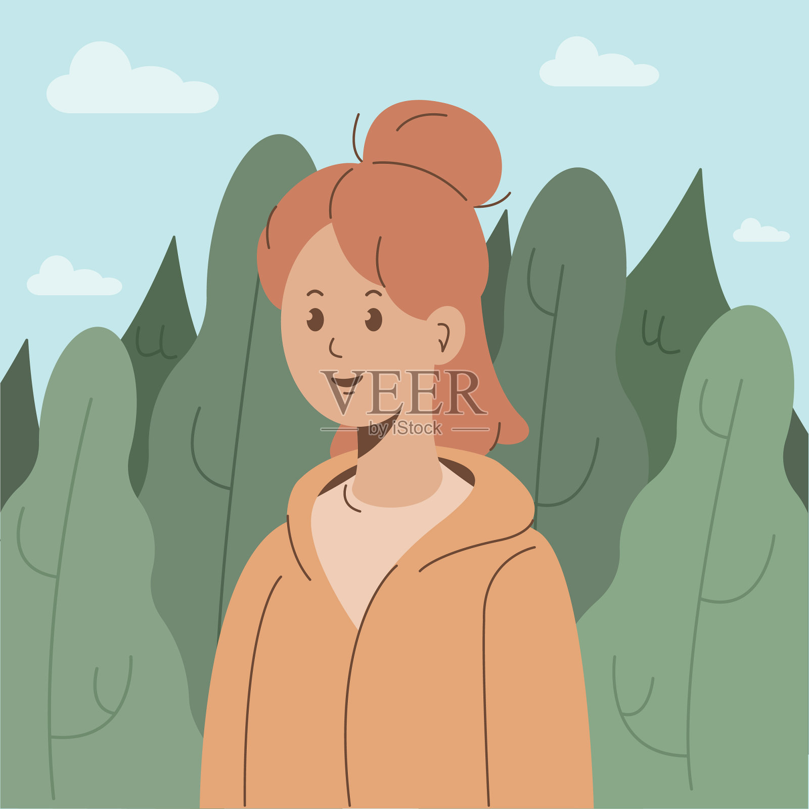 可爱女孩在森林里散步的肖像。插画图片素材