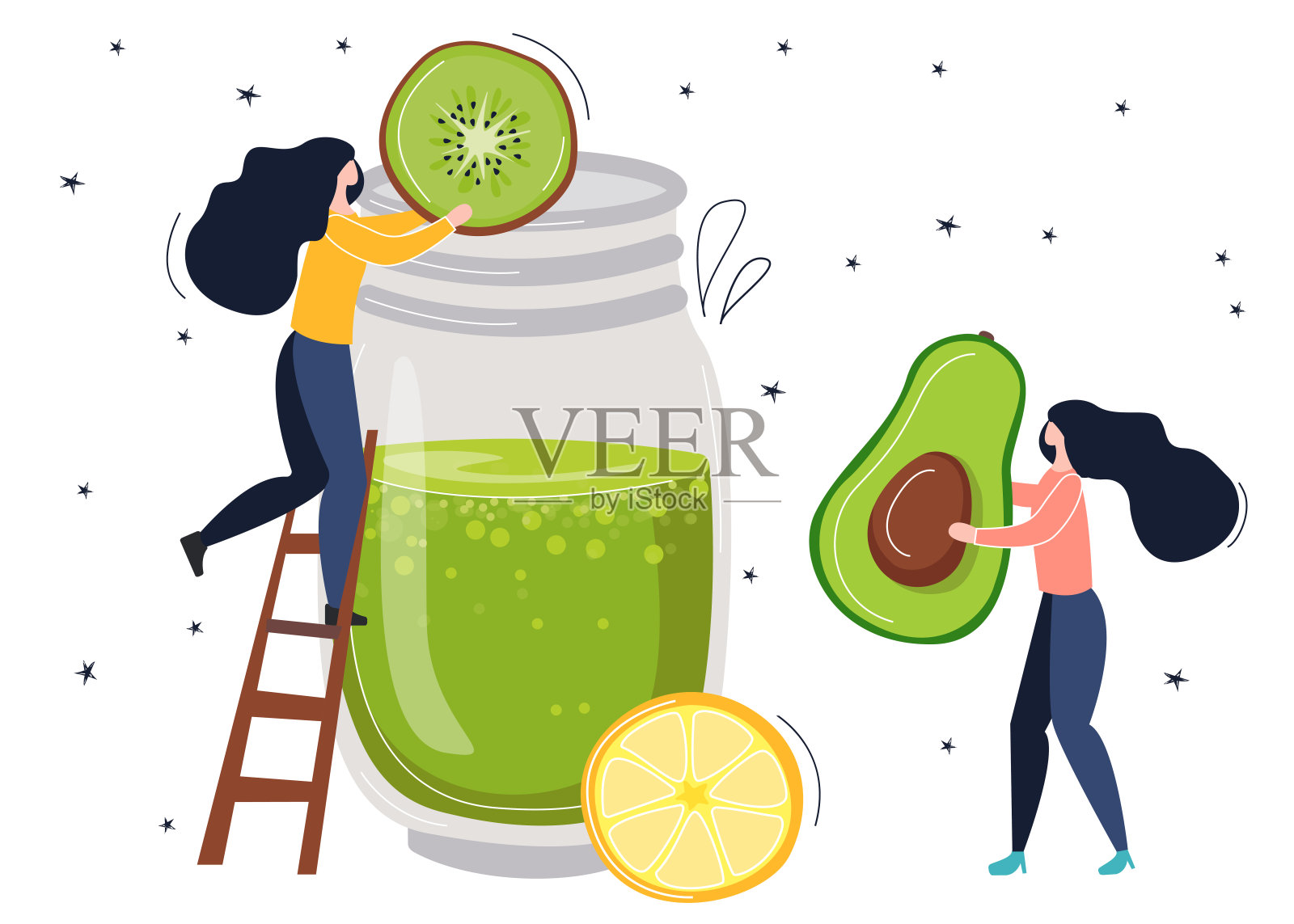 牛油果、猕猴桃和柠檬排毒奶昔。插画图片素材