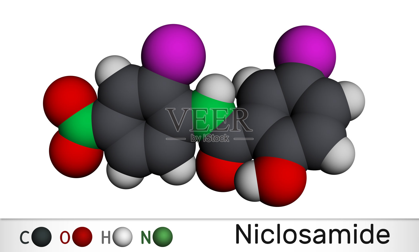 氯硝柳胺分子。它是氯化水杨酰苯胺，用于治疗绦虫感染的抗蠕虫药物。分子模型。三维渲染插画图片素材
