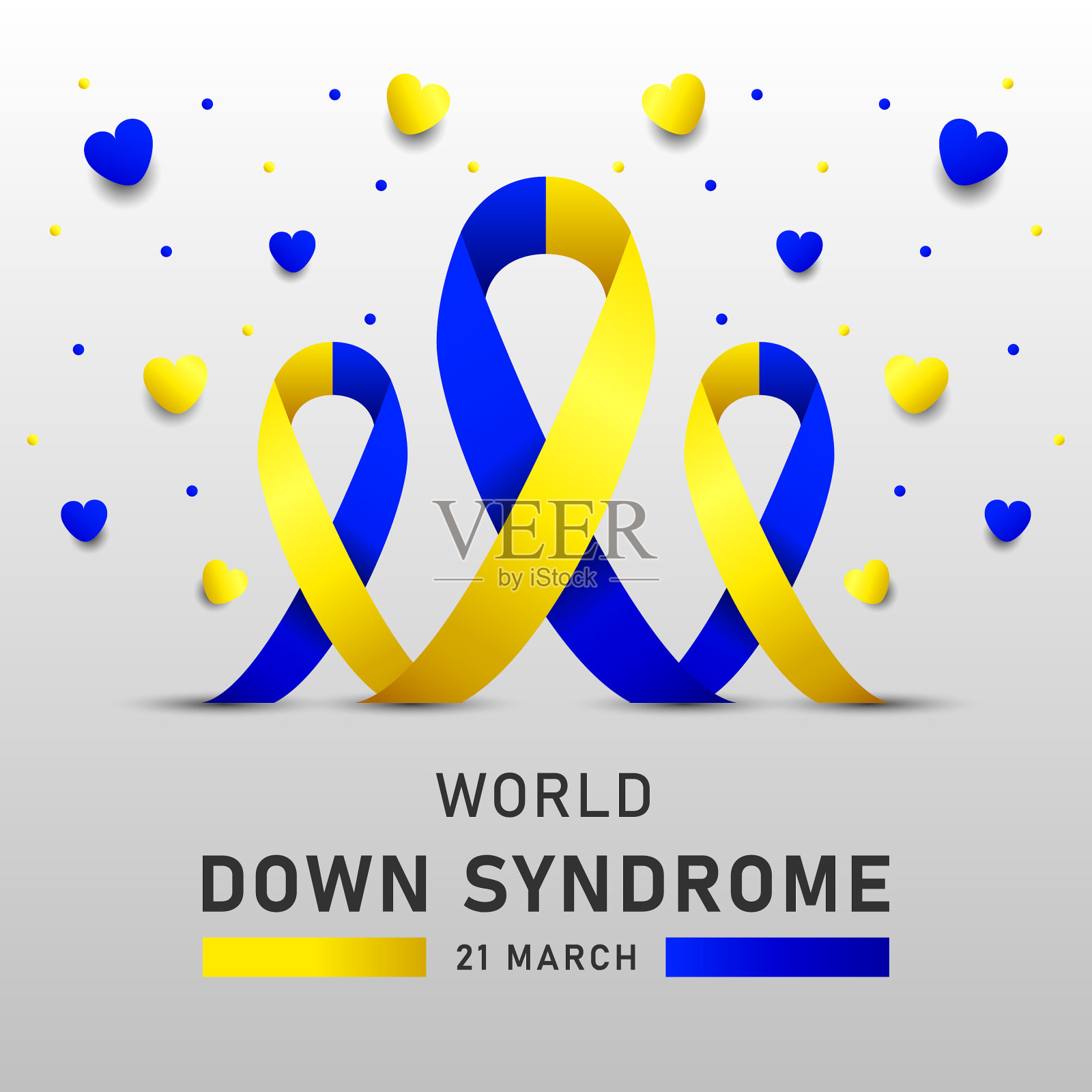 世界唐氏综合征日蓝色和黄色丝带矢量海报。3月21日世界唐氏综合征日公益海报插画图片素材
