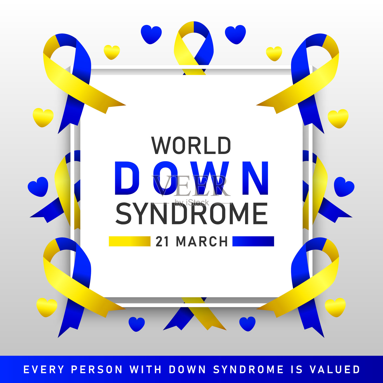 世界唐氏综合征日蓝色和黄色丝带矢量海报。3月21日世界唐氏综合征日公益海报插画图片素材