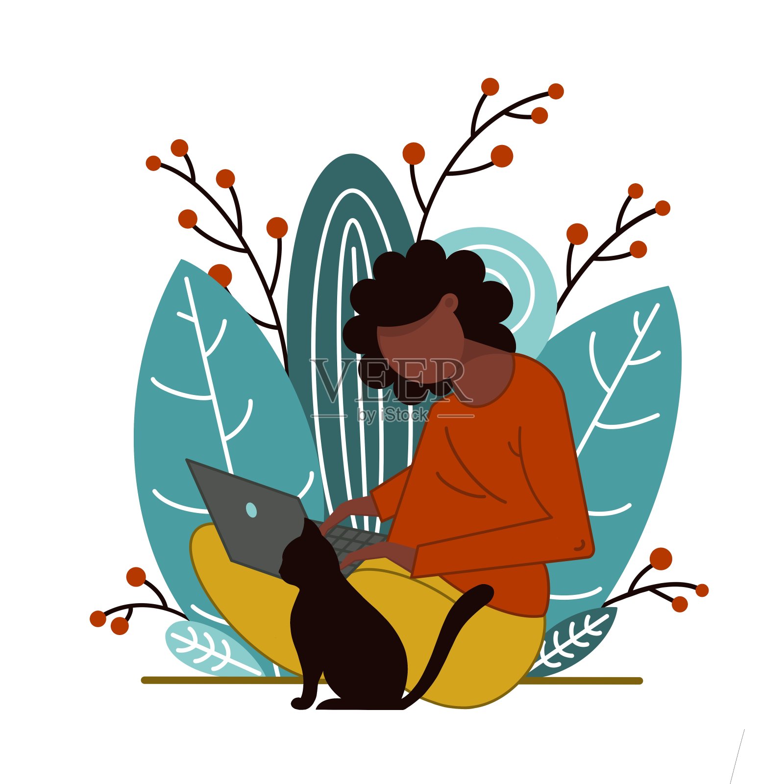 一位年轻的非洲裔美国妇女坐在一台笔记本电脑和一只猫的背景下，自然的动机。自由、在线培训。隔离检疫,时期。设计元素图片