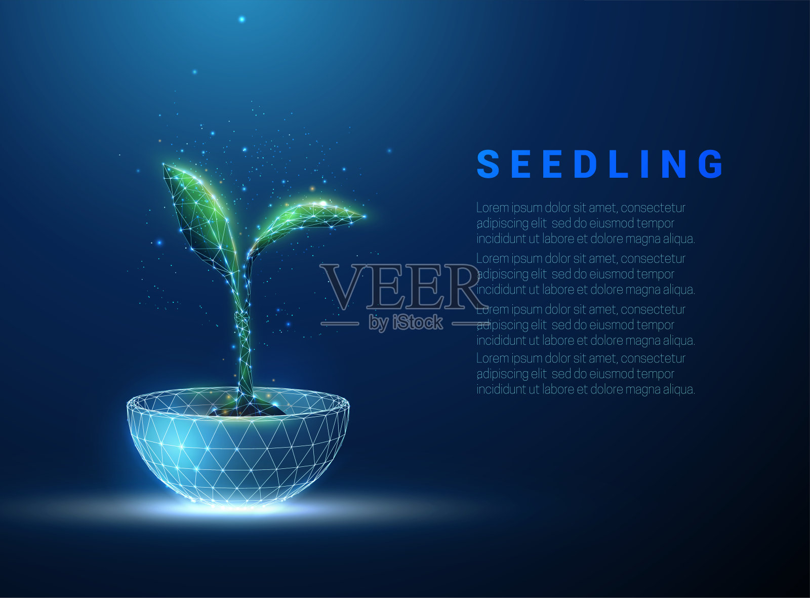 绿色植物发芽生长在蓝色花盆。插画图片素材