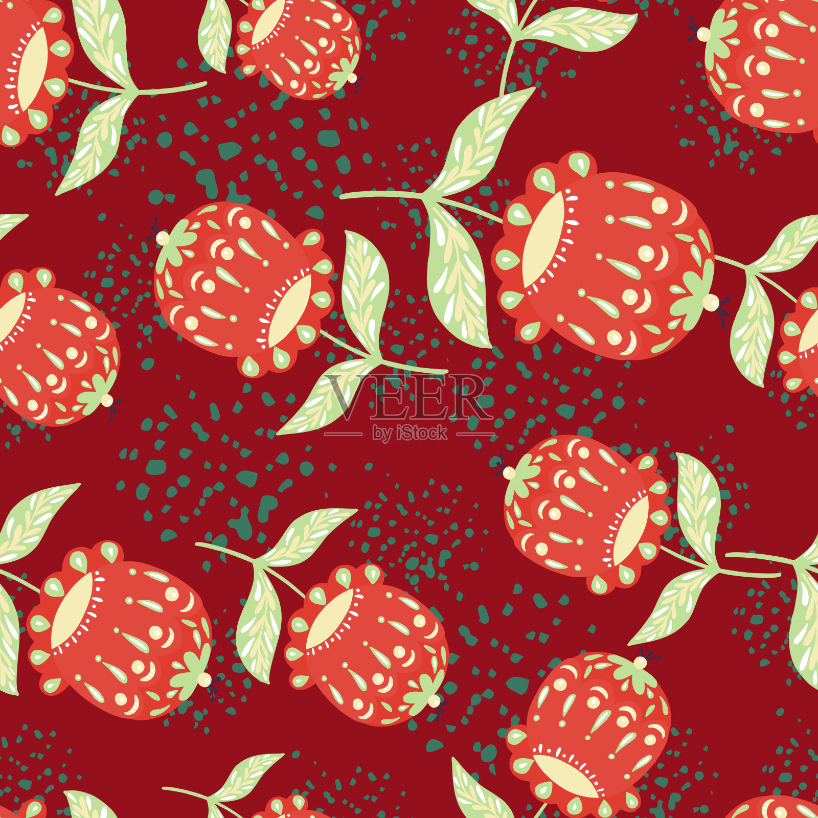 明亮的抽象植物无缝模式在民间风格与涂鸦花蕾剪影。背景与飞溅。插画图片素材