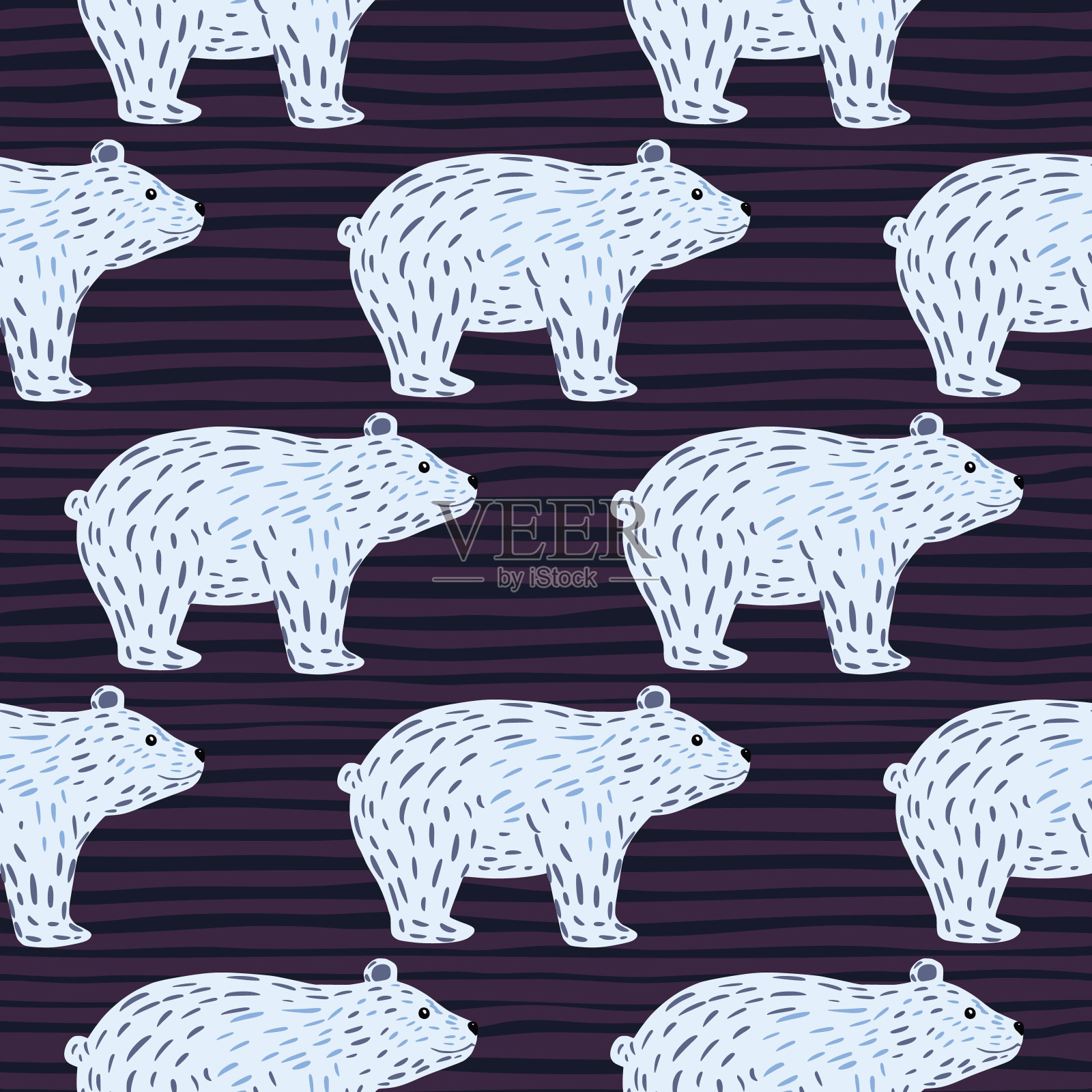珍稀野生动物无缝花纹配浅蓝色北极熊点缀。暗条纹的背景。插画图片素材