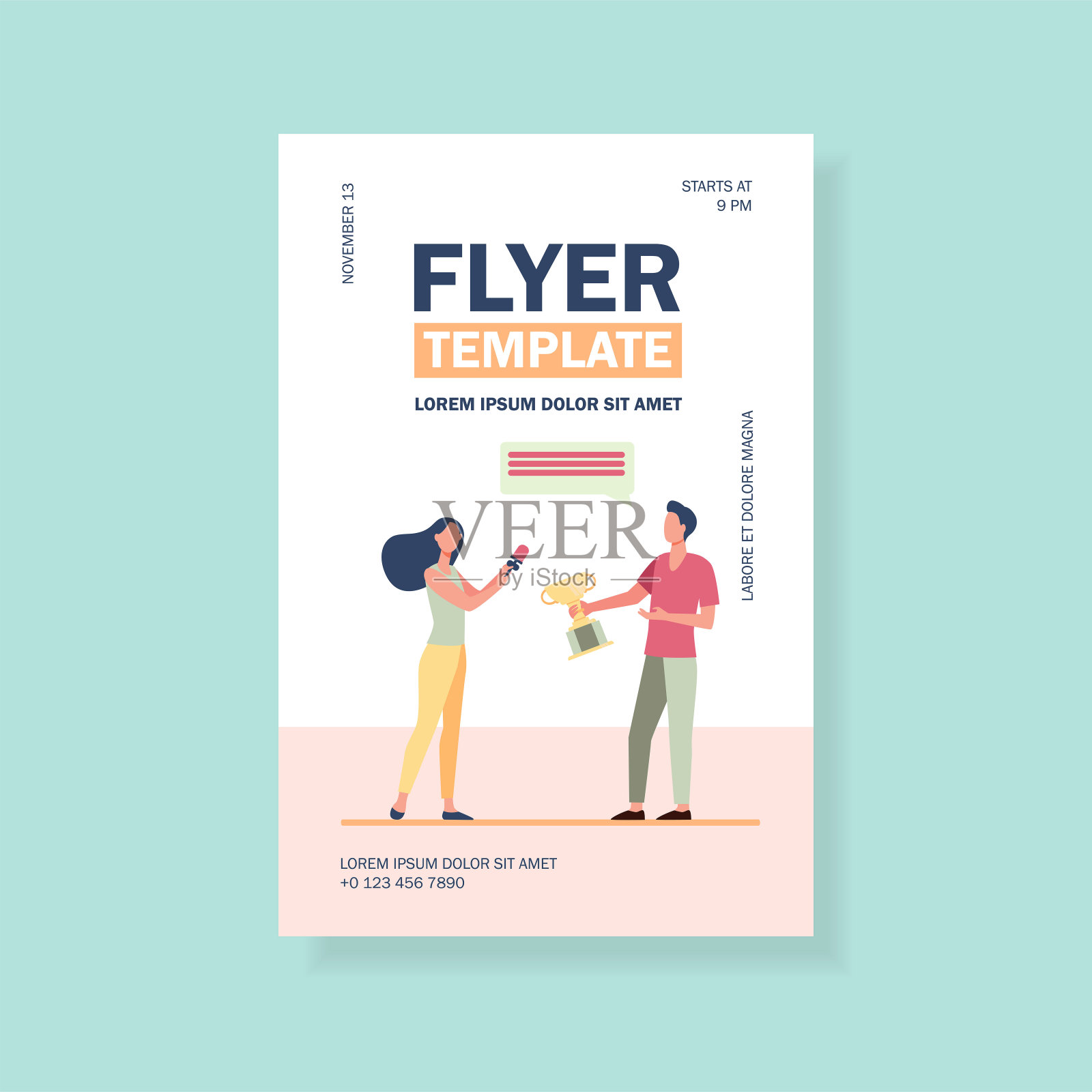 女人采访赢家。麦克风,杯设计模板素材