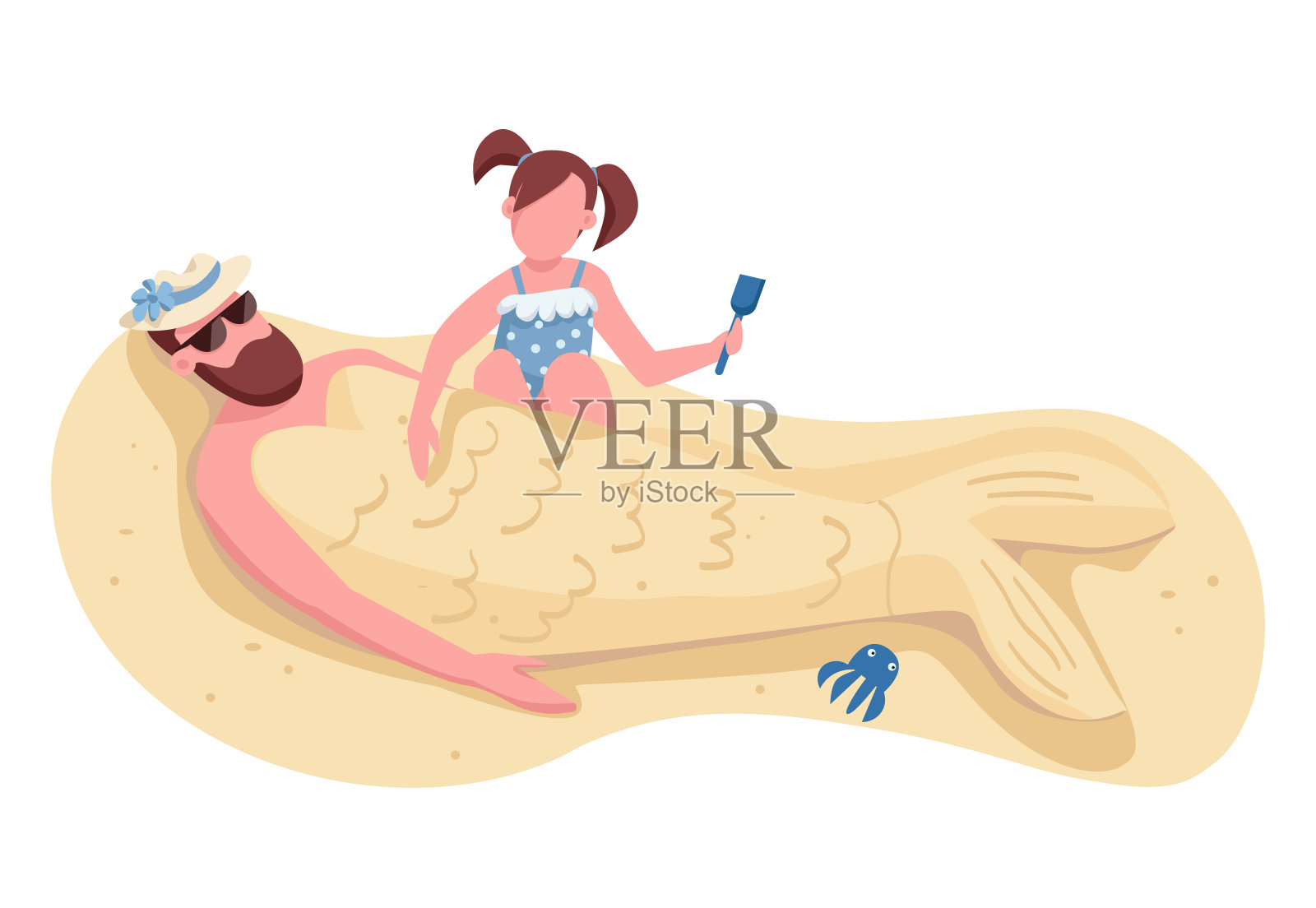 女儿埋爸爸在沙平色矢量脸的人物。家庭夏季娱乐，娱乐在海滩上孤立的卡通插图网页平面设计和动画插画图片素材