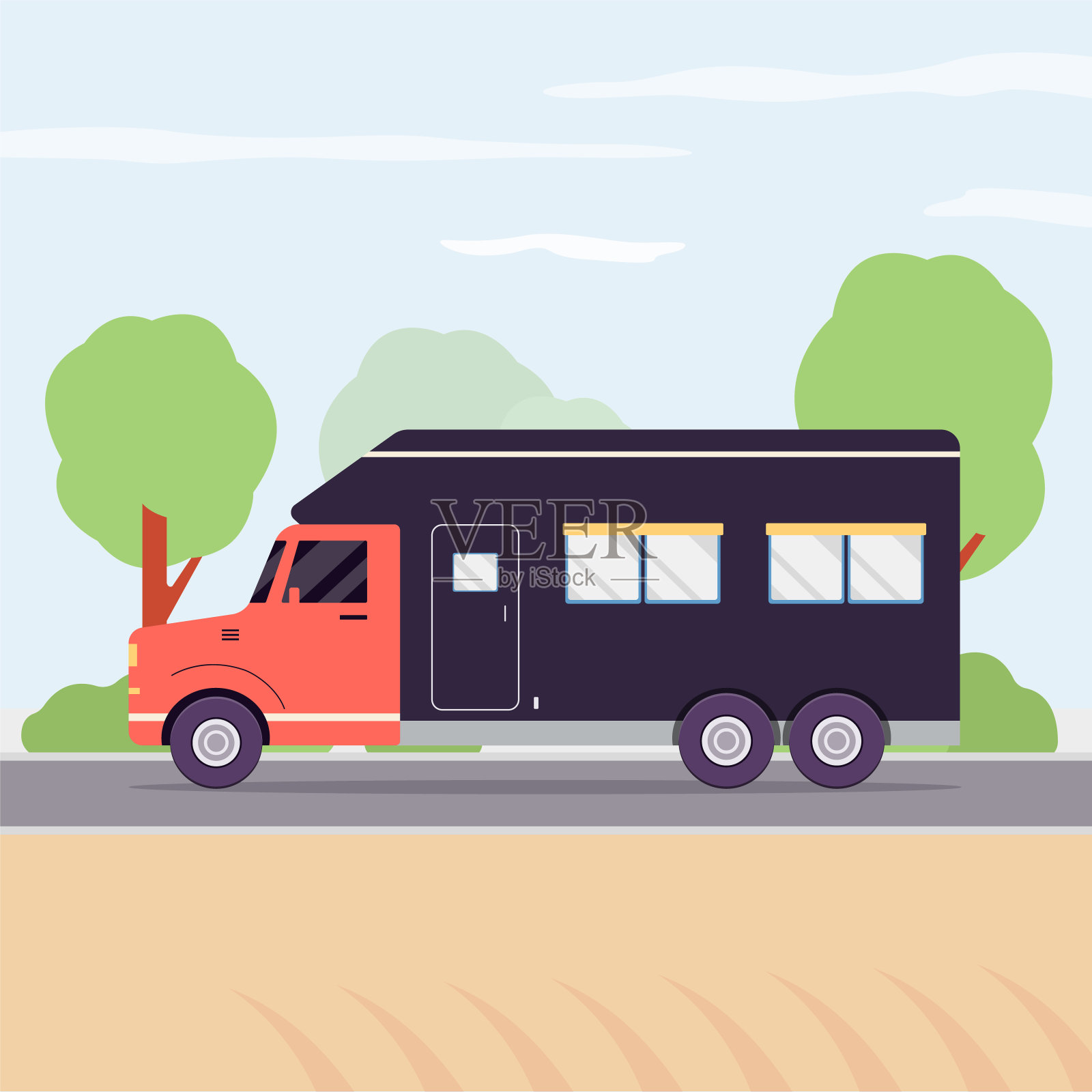 拖车货车在夏季的道路上行驶——蓝色和红色的自然运输车辆插画图片素材