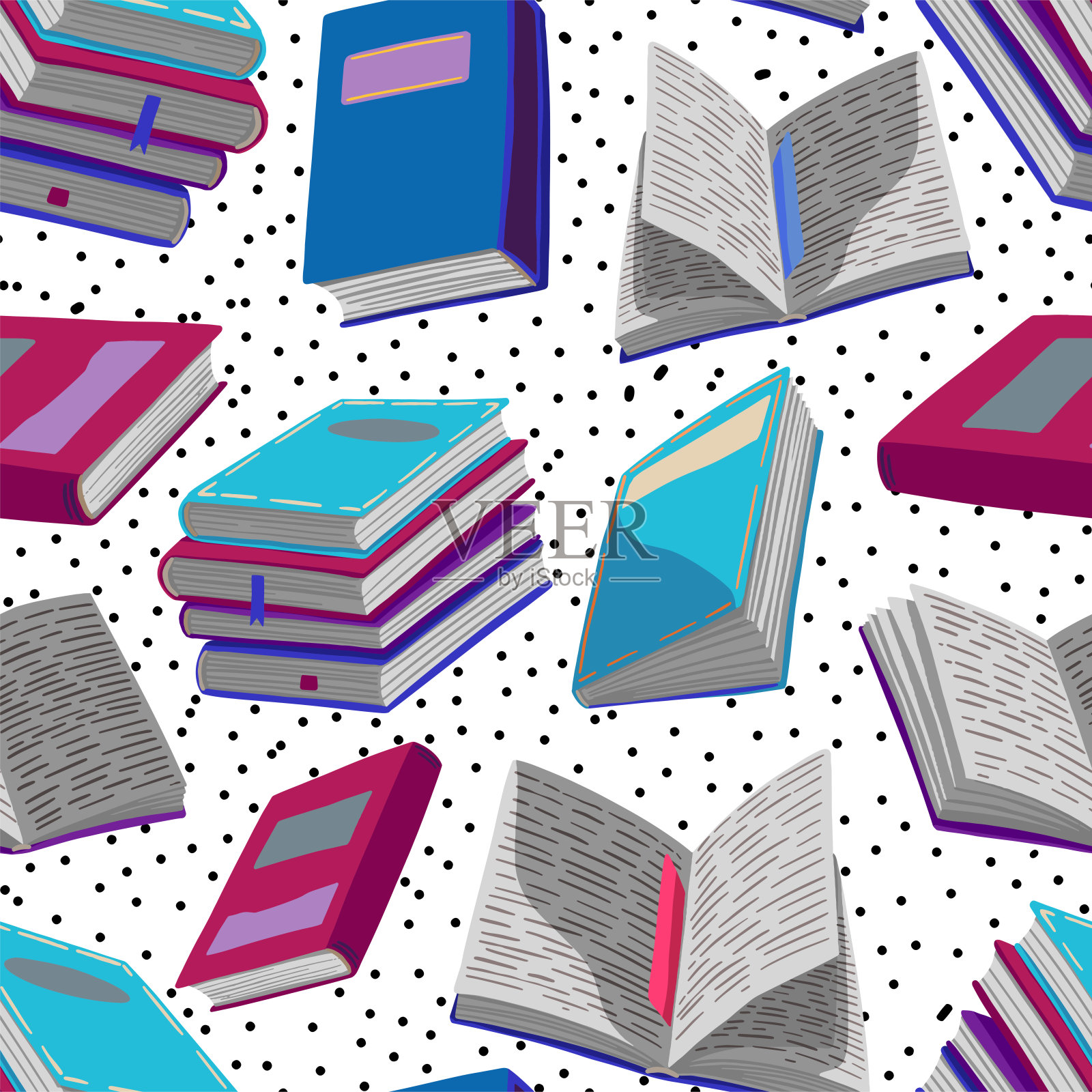 无缝模式的不同书籍和小点。手绘矢量插图。白色背景上的彩色卡通装饰。阅读设计的织物，纺织，墙纸，印刷，装饰，包装。插画图片素材