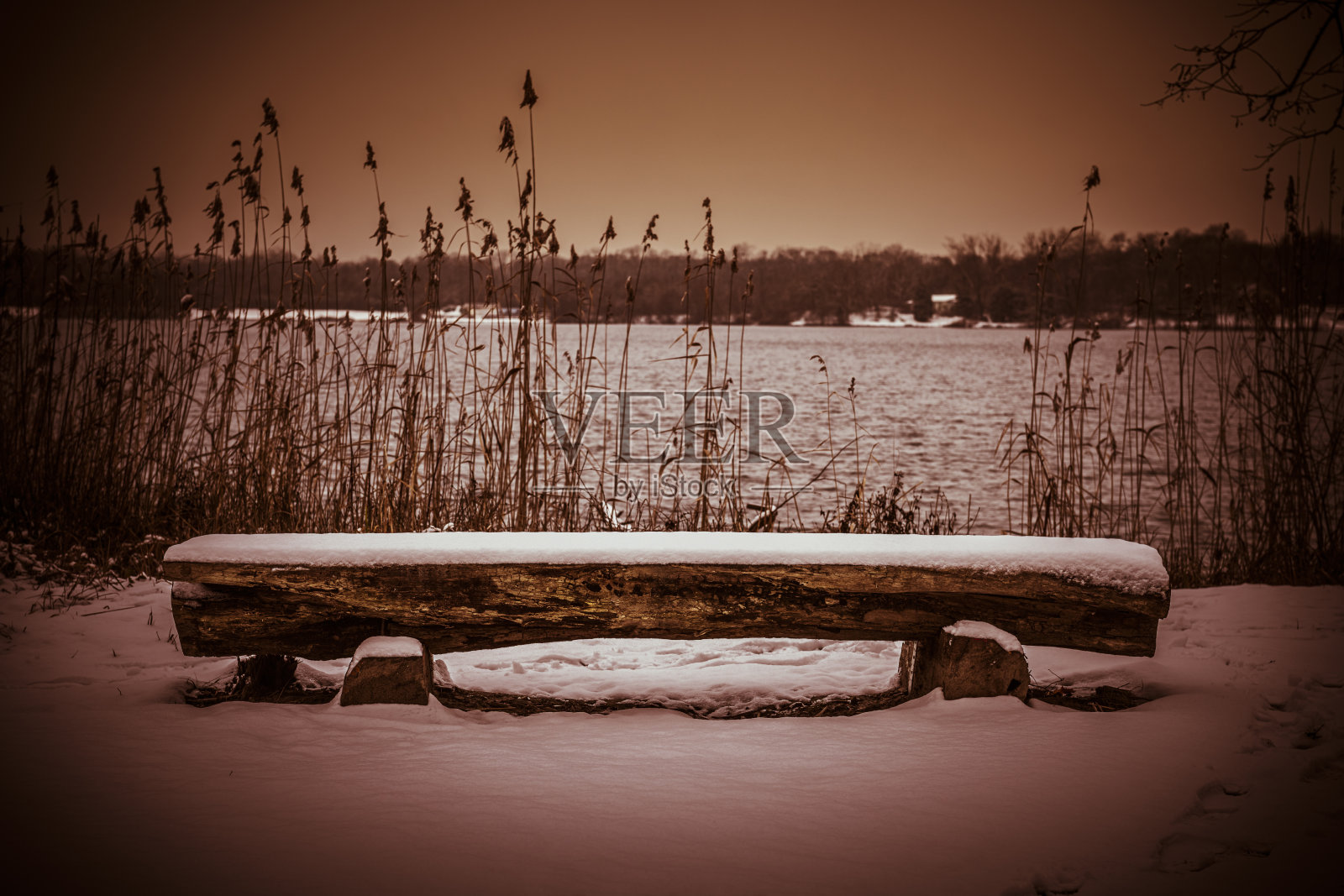 冬天坐在湖边的长椅上照片摄影图片