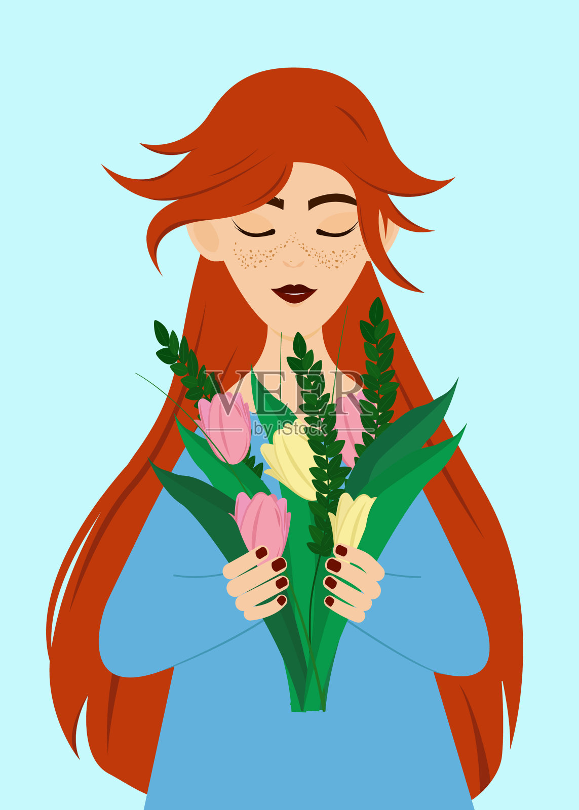 女孩与春天的花朵。红发女孩手里拿着郁金香。插画图片素材