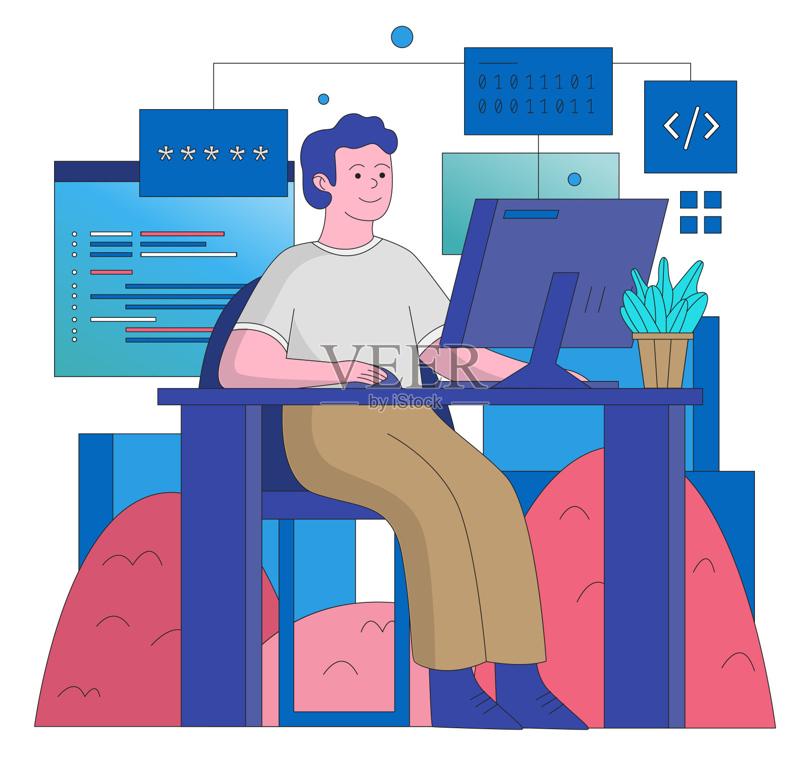 年轻的程序员，台式电脑的孩子。平面设计说明。向量插画图片素材