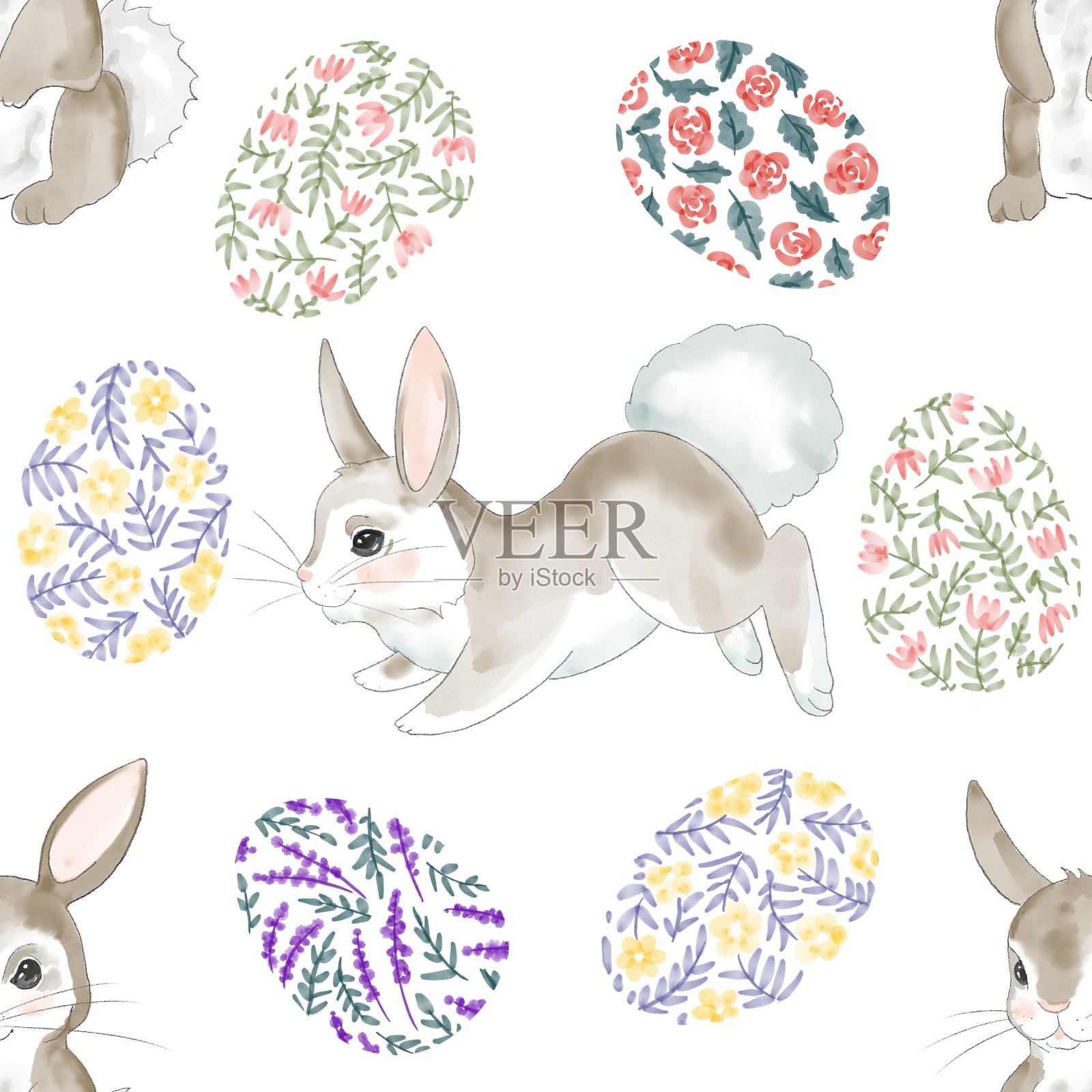 无缝图案与花，兔子和复活节彩蛋插画图片素材