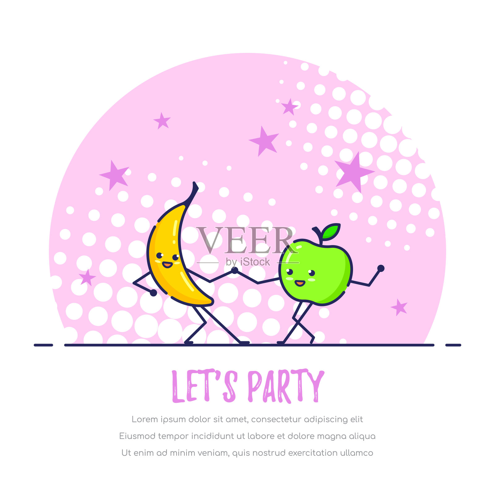 跳舞有趣的水果夫妇，香蕉和苹果插画图片素材