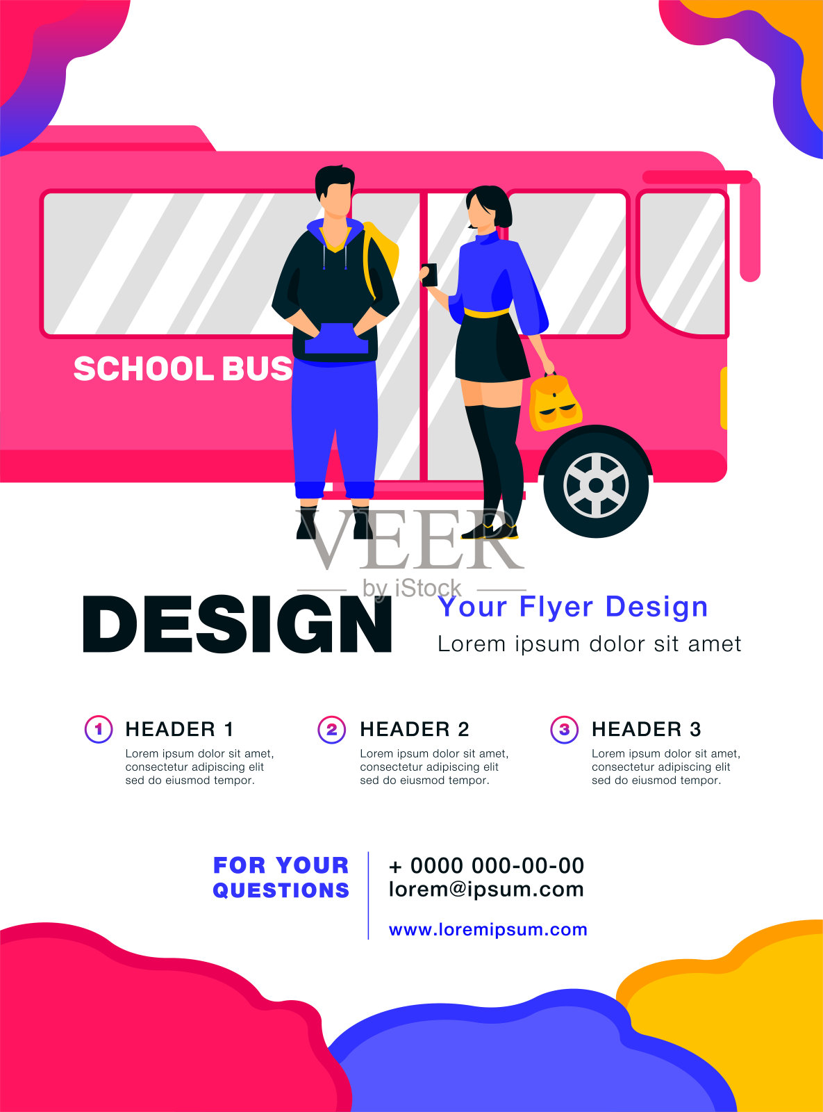 一对少年情侣站在校车旁设计模板素材