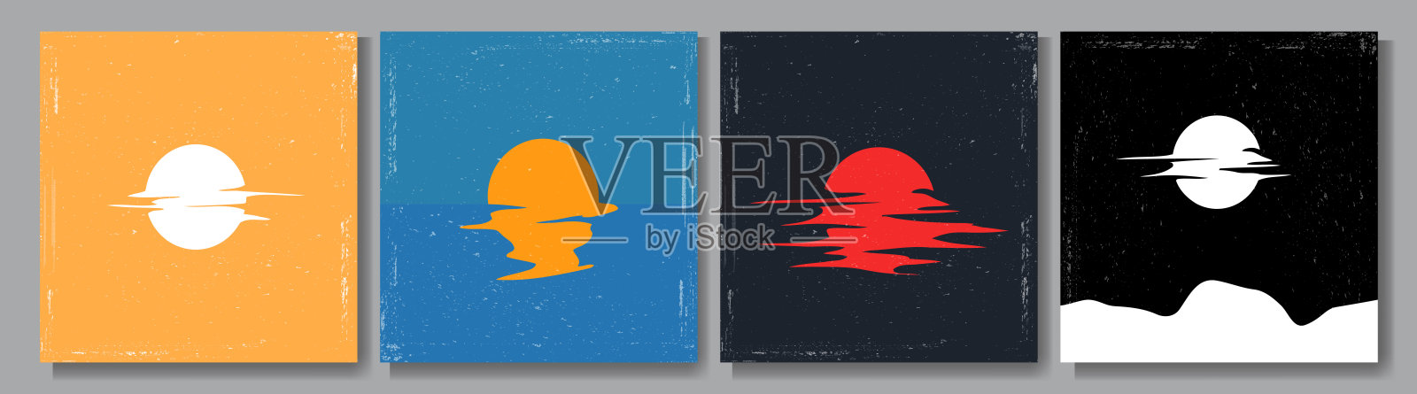 矢量插图。极简主义超现实主义海报收藏。太阳反射。月亮和云。抽象的背景。设计社交媒体，博客，横幅，网页模板。旅游及旅游概念插画图片素材