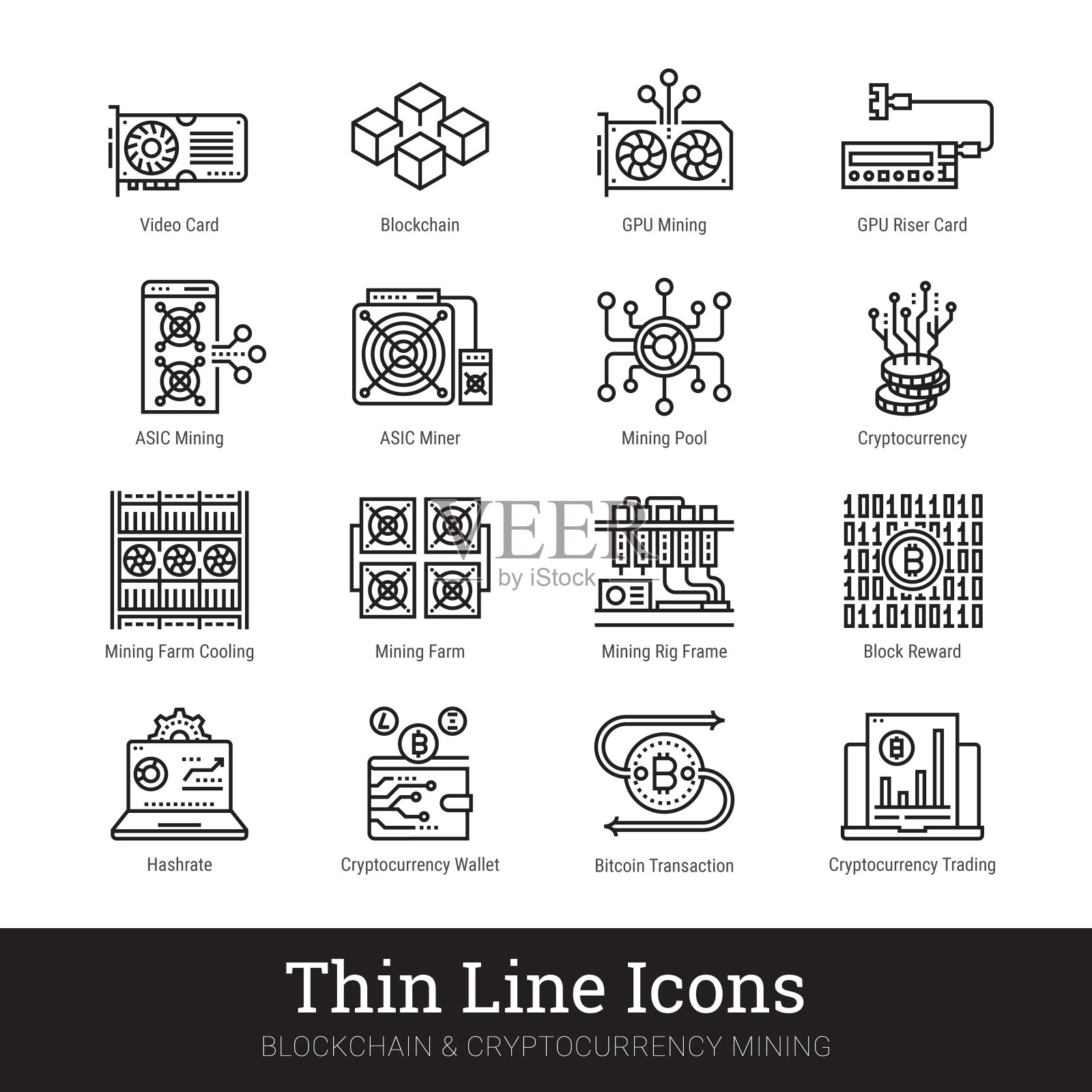 挖掘加密货币，区块链线性向量图标集合隔离在白色背景上插画图片素材