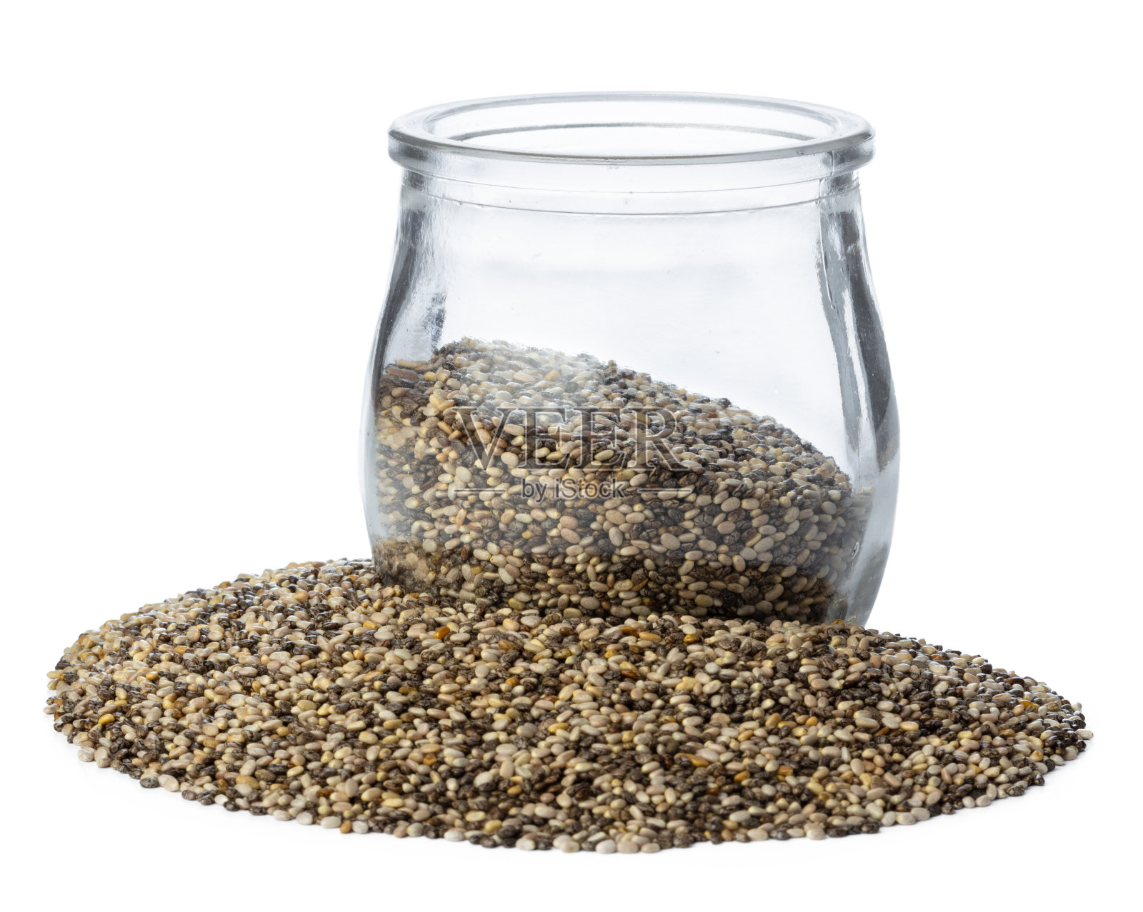 罐子与奇亚种子隔离在白色照片摄影图片