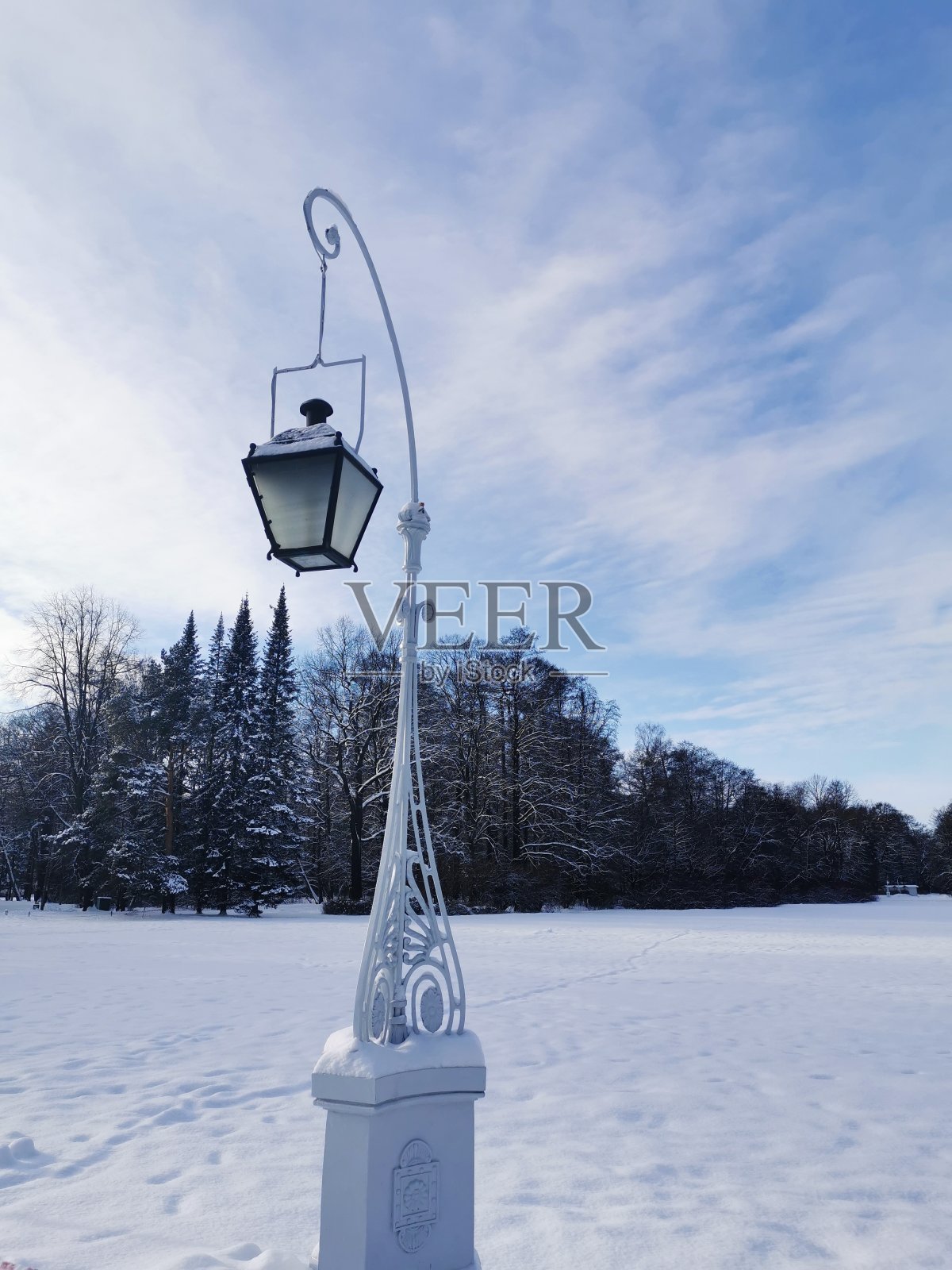 在圣彼得堡埃拉金岛的一个白雪覆盖的公园里，开放的美丽的路灯映衬着亭台楼阁和蓝天白云照片摄影图片