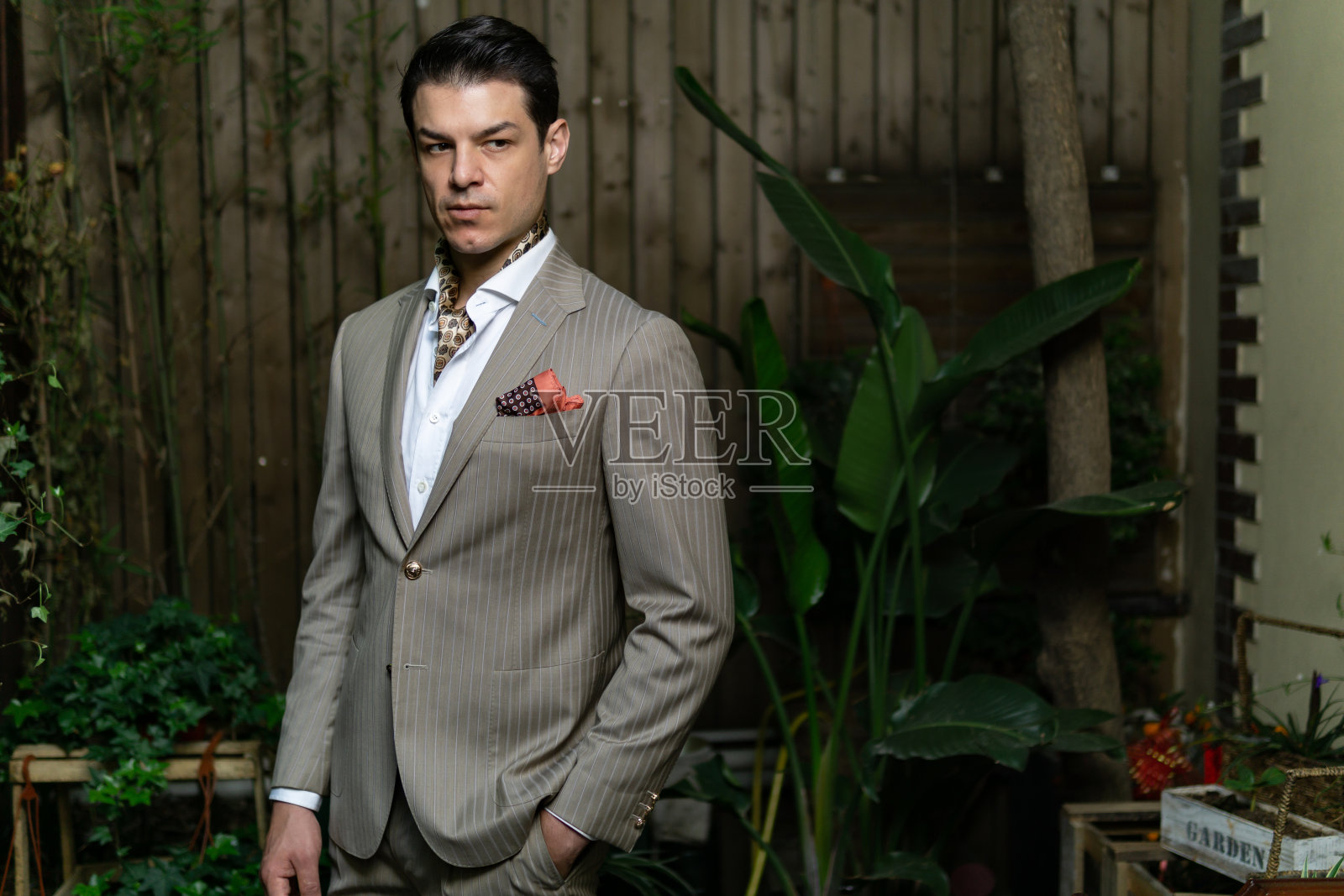 一个英俊的年轻人的肖像穿着优雅的经典西装。照片摄影图片