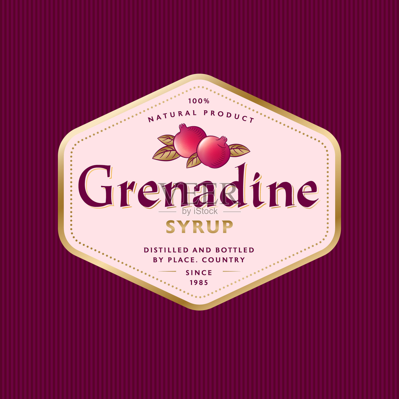 石榴糖浆标签，六边形金色框架插画图片素材