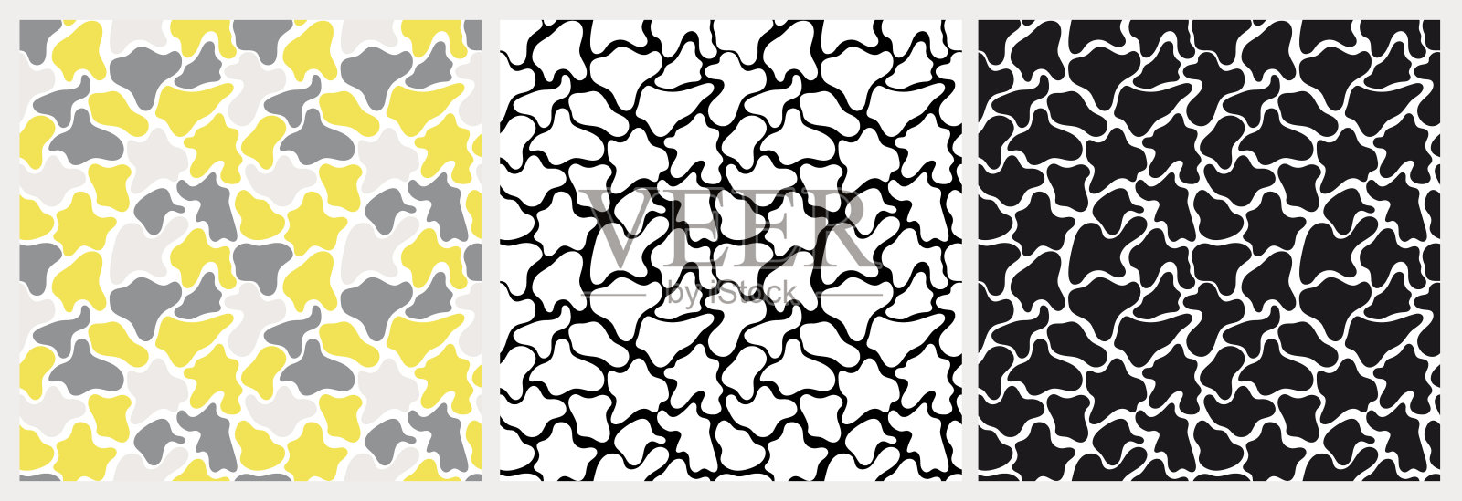 三套自由无缝向量图案与抽象斑马样斑点，潘通2021颜色:灰色，白色背景上的黄色，黑白图案插画图片素材