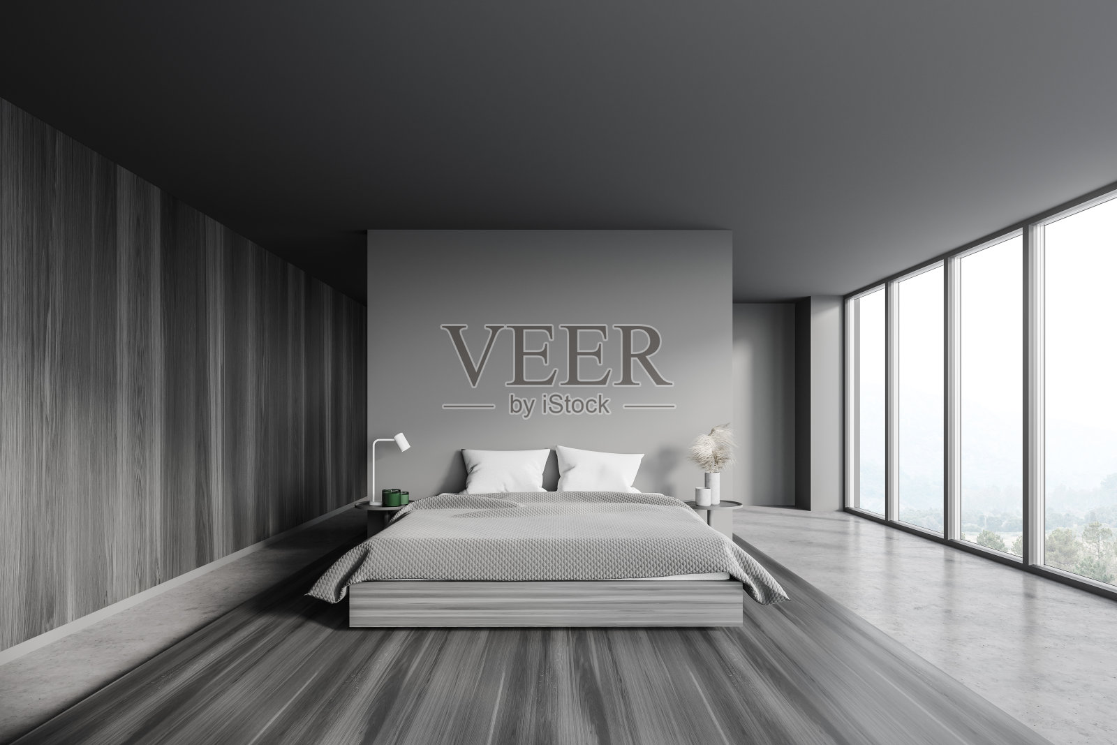 全景灰色主卧室内部照片摄影图片