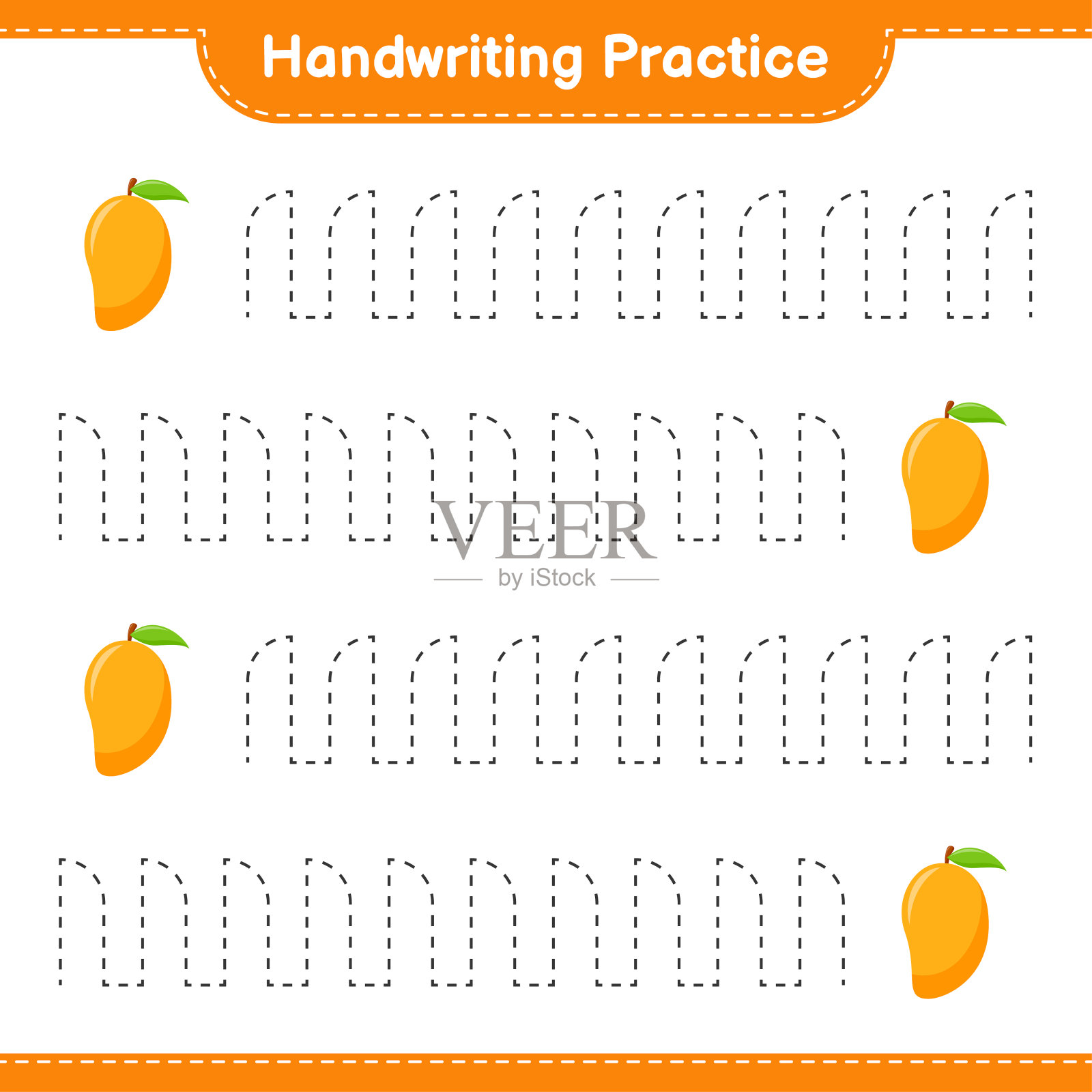 书法练习。描画芒果的线条。教育儿童游戏，可打印的工作表，矢量插图插画图片素材