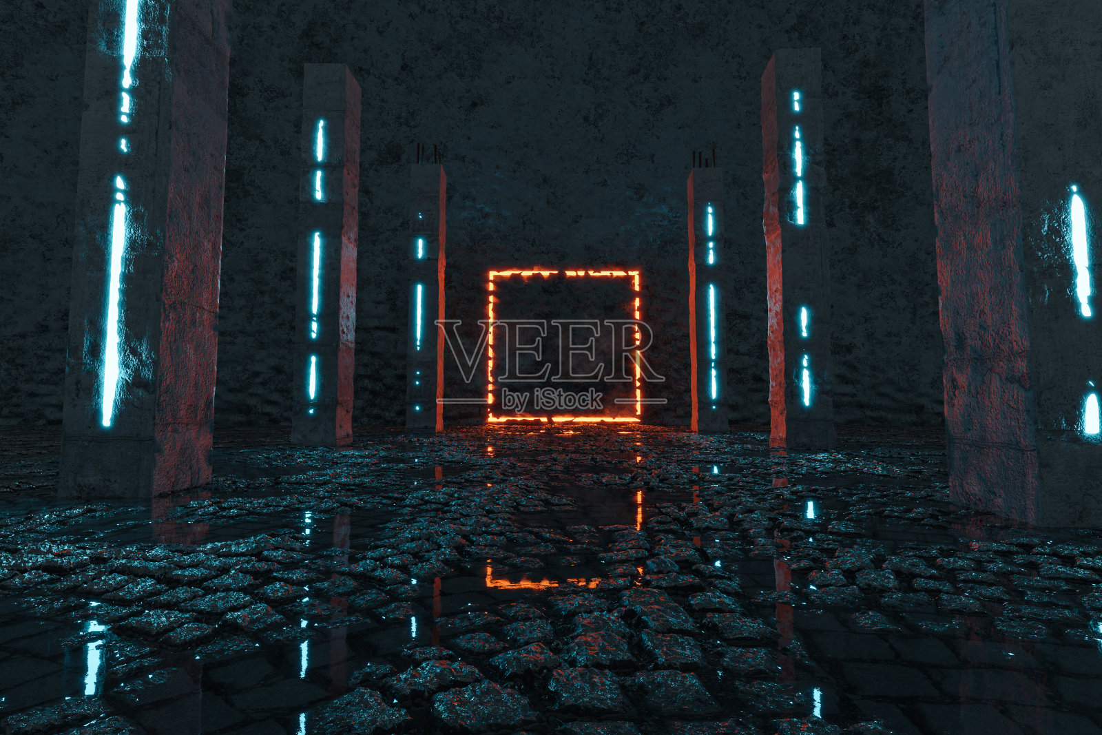 3d渲染橙色减轻方形形状，然后由混凝土柱子和鹅卵石地板与水坑照片摄影图片