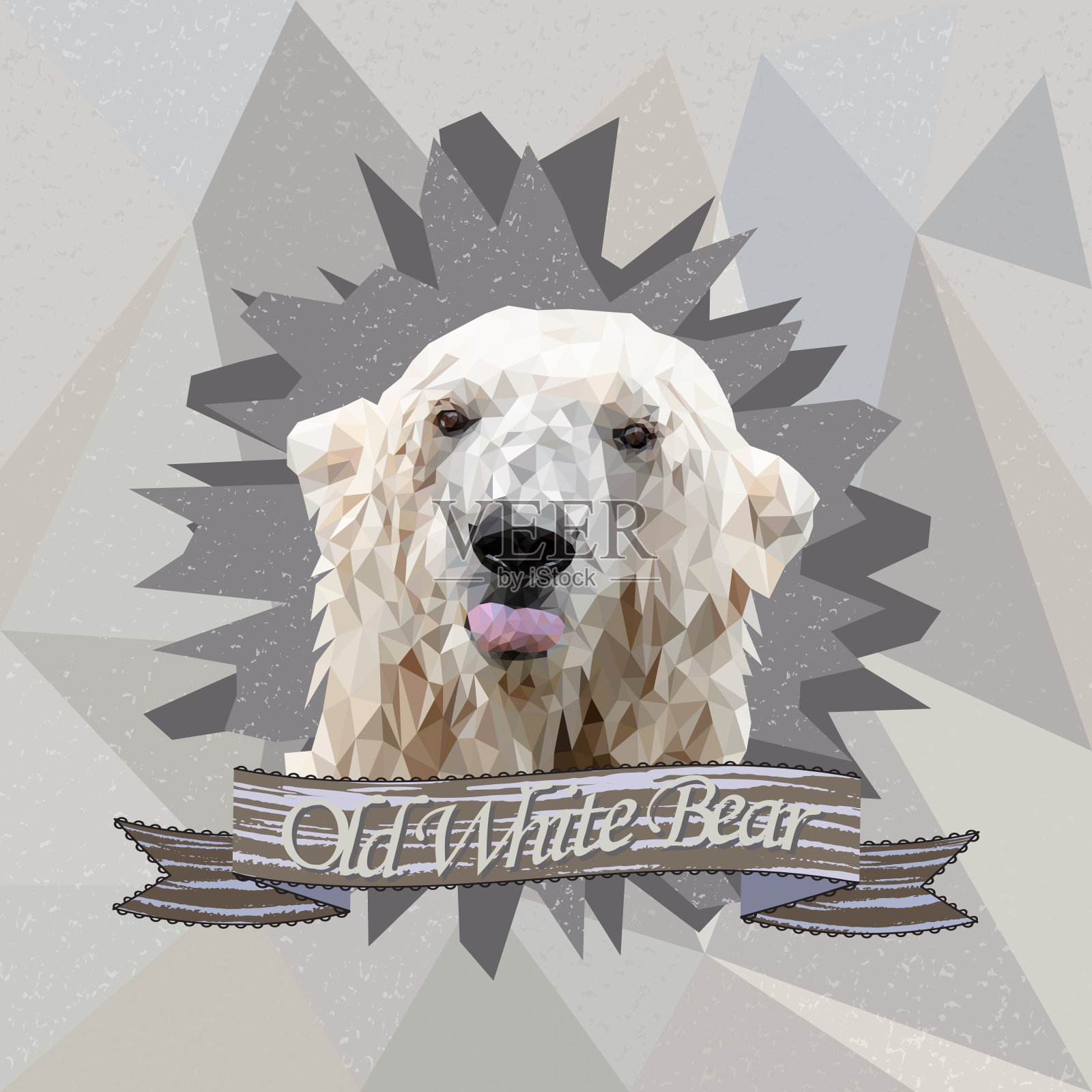 一张画着一只露出舌头的有趣北极熊的多边形肖像的海报插画图片素材