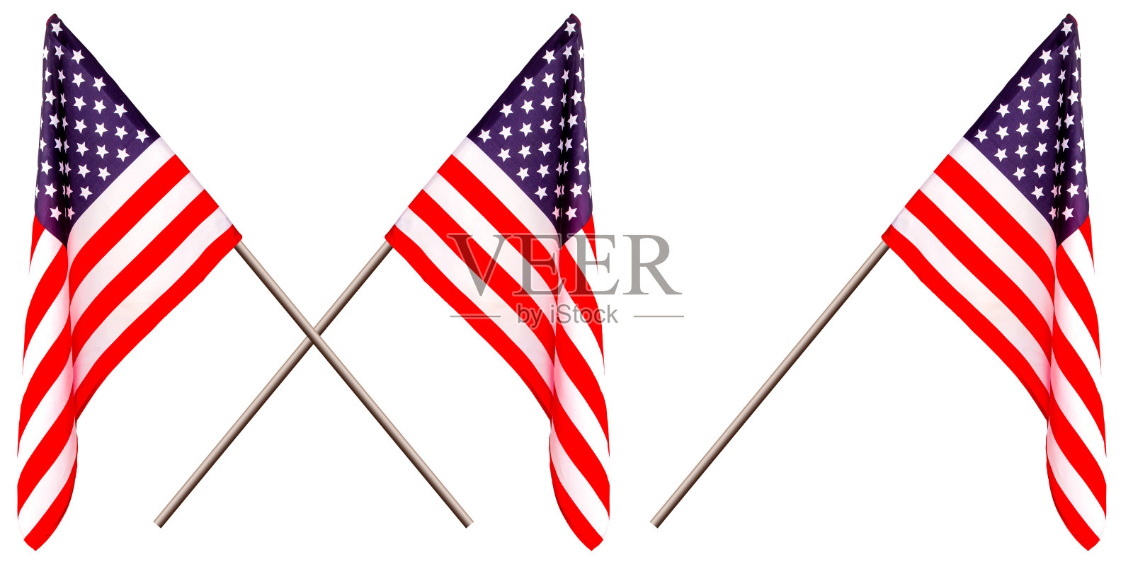 美丽的美利坚合众国星条旗挂在旗杆上，有两种不同的形式:一种是交叉的照片摄影图片