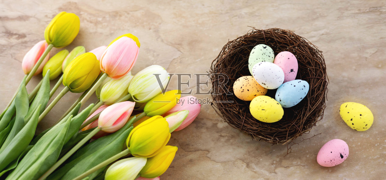 五颜六色的复活节鹌鹑蛋在巢和郁金香在米色的石头背景。平的。春天的作文。复活节贺卡快乐。横幅照片摄影图片