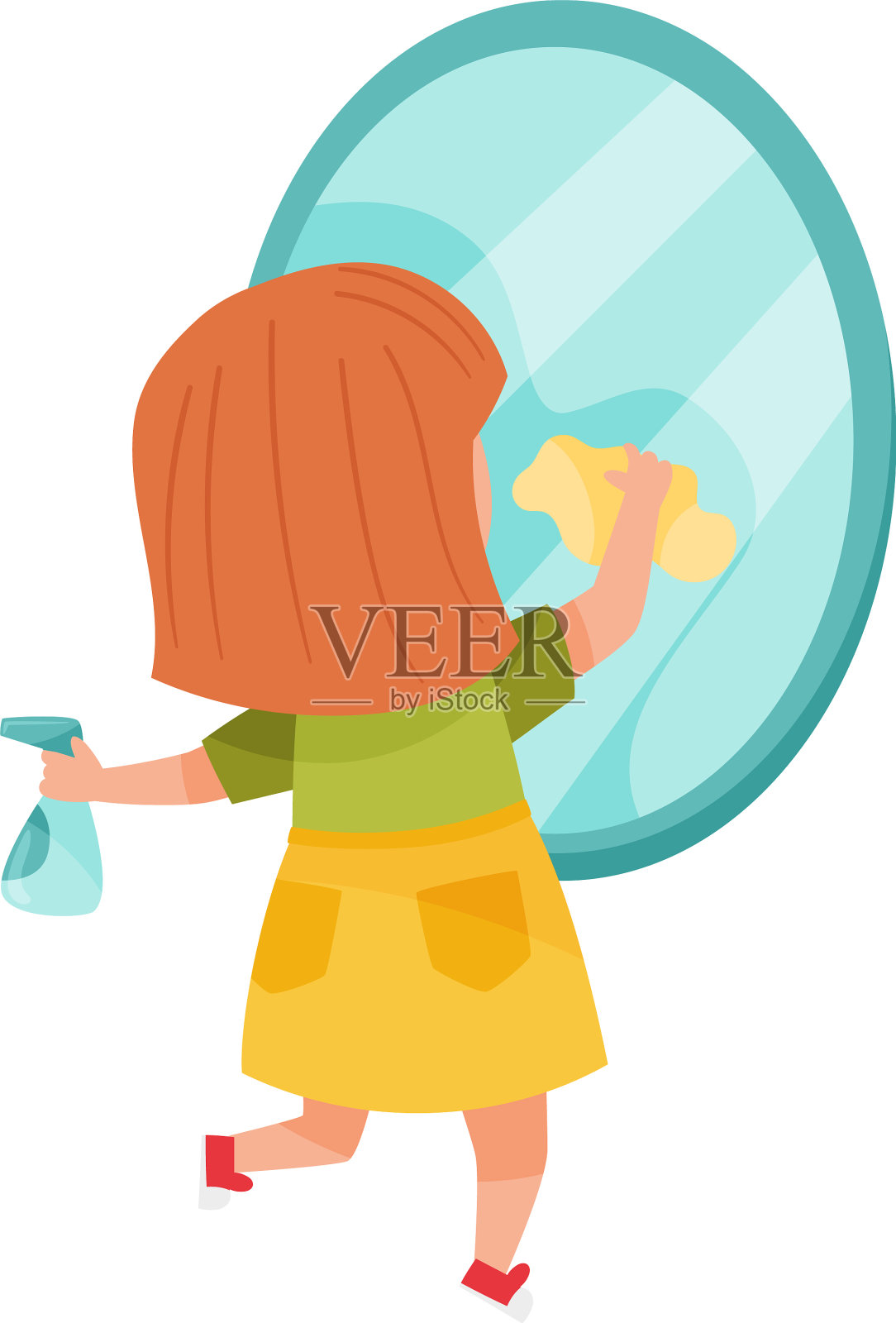 小女孩忙于家务擦镜子插画图片素材