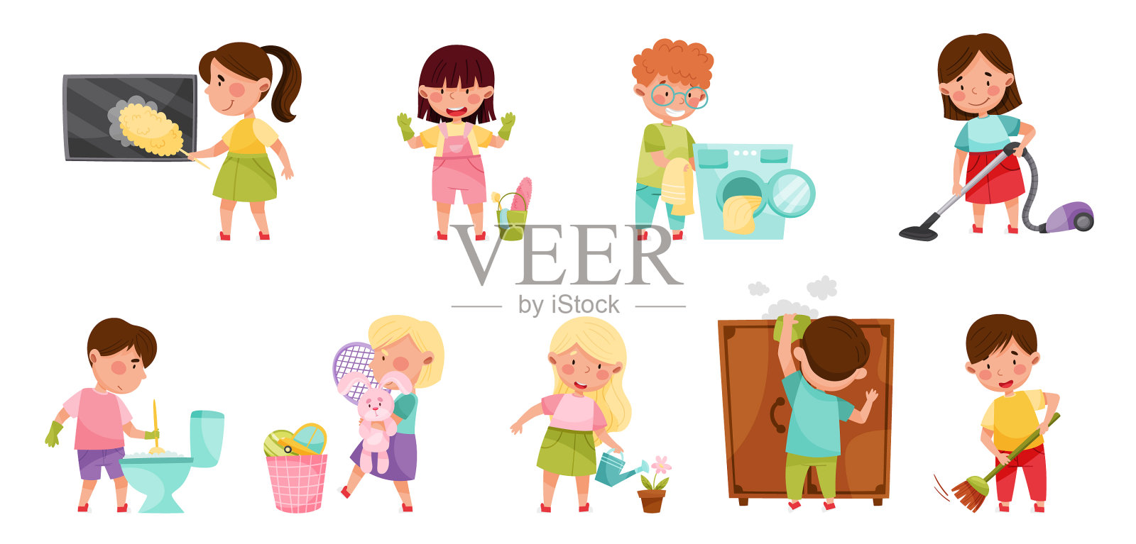 儿童角色打扫房间和做家务设计元素图片