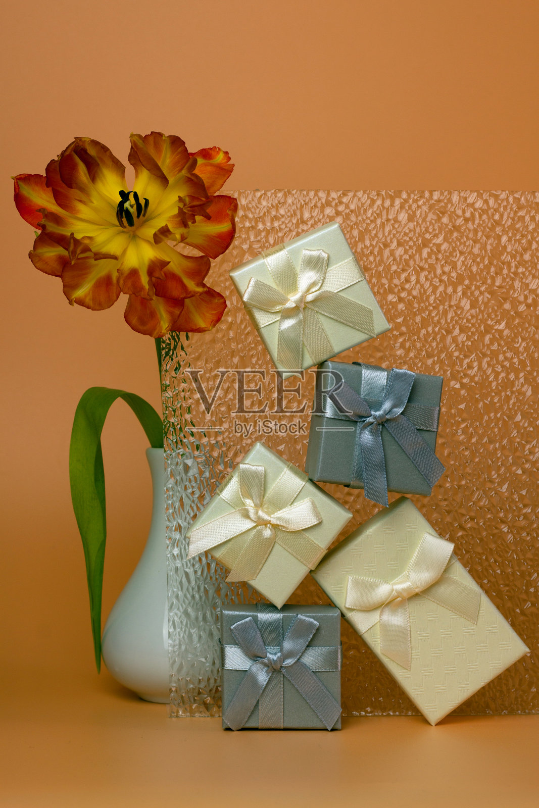 创意合成礼物和郁金香。照片摄影图片