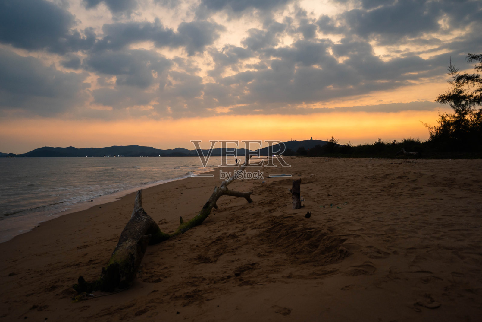 沙滩上的老木头，黄昏的海面，海上的夕阳，复古的音调。照片摄影图片