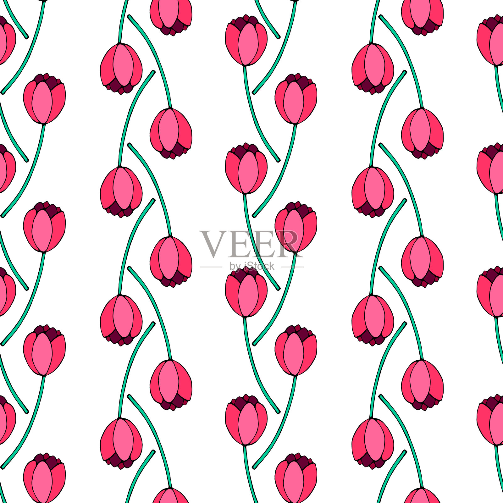 矢量无缝模式与红色郁金香花。手绘涂鸦spring纹理，背景。适用于包装纸、纺织品、贺卡、婚礼、生日、母亲节、女性节或情人节插画图片素材