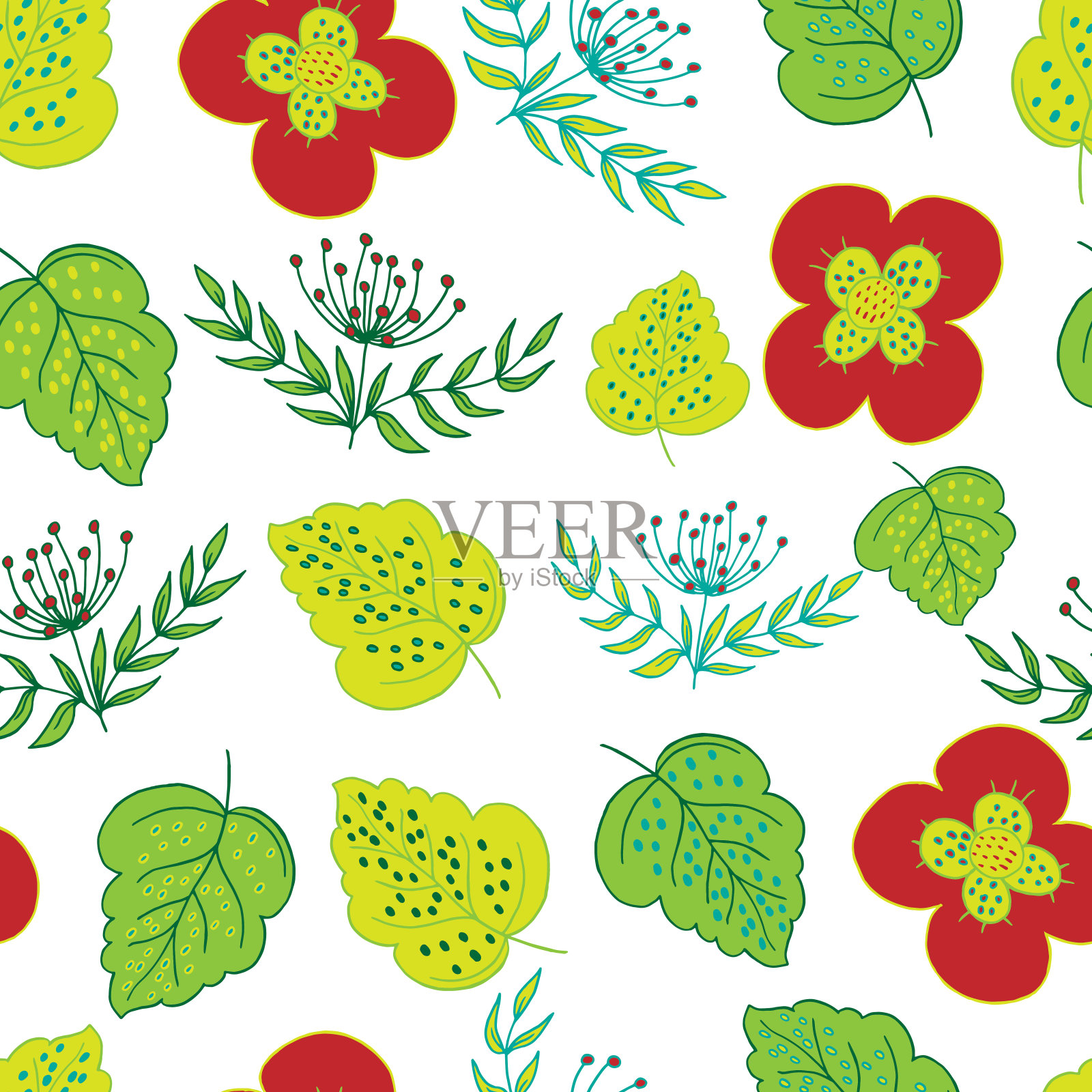 矢量无缝模式的叶子，树枝和花。用于纺织品、纸张、包装纸和剪贴簿插画图片素材