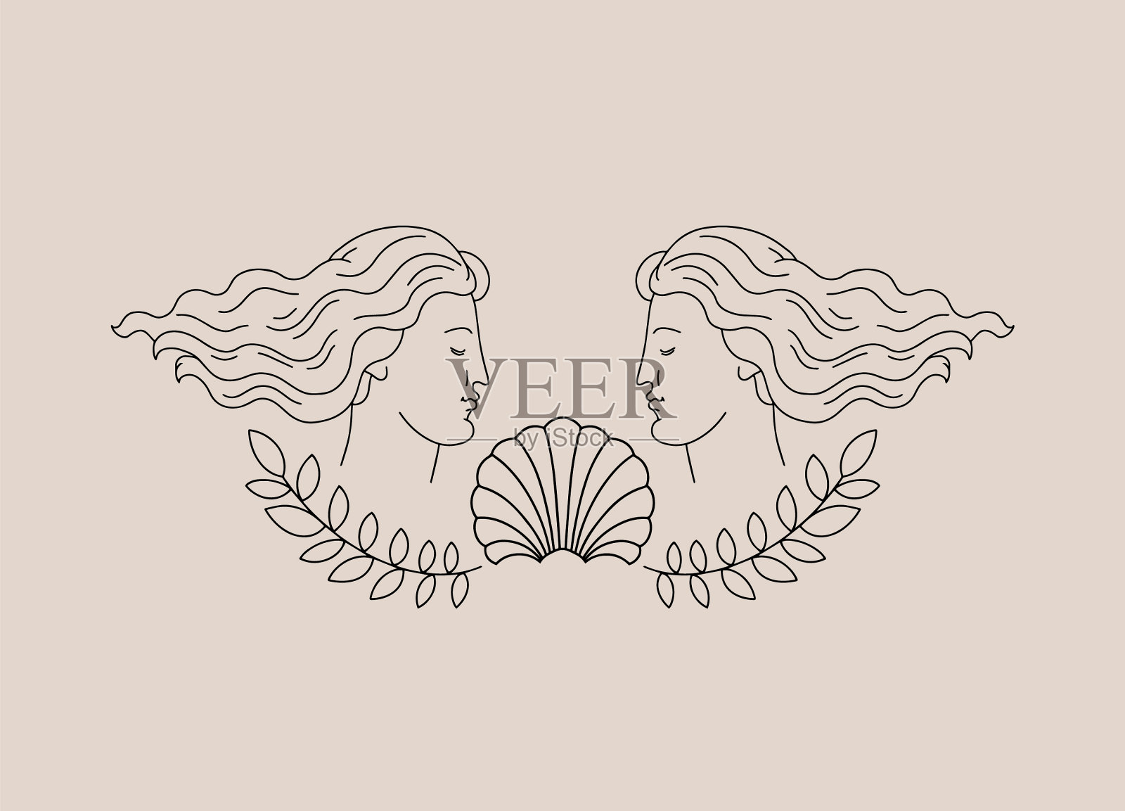 手绘妇女与希腊轮廓和贝壳插画图片素材