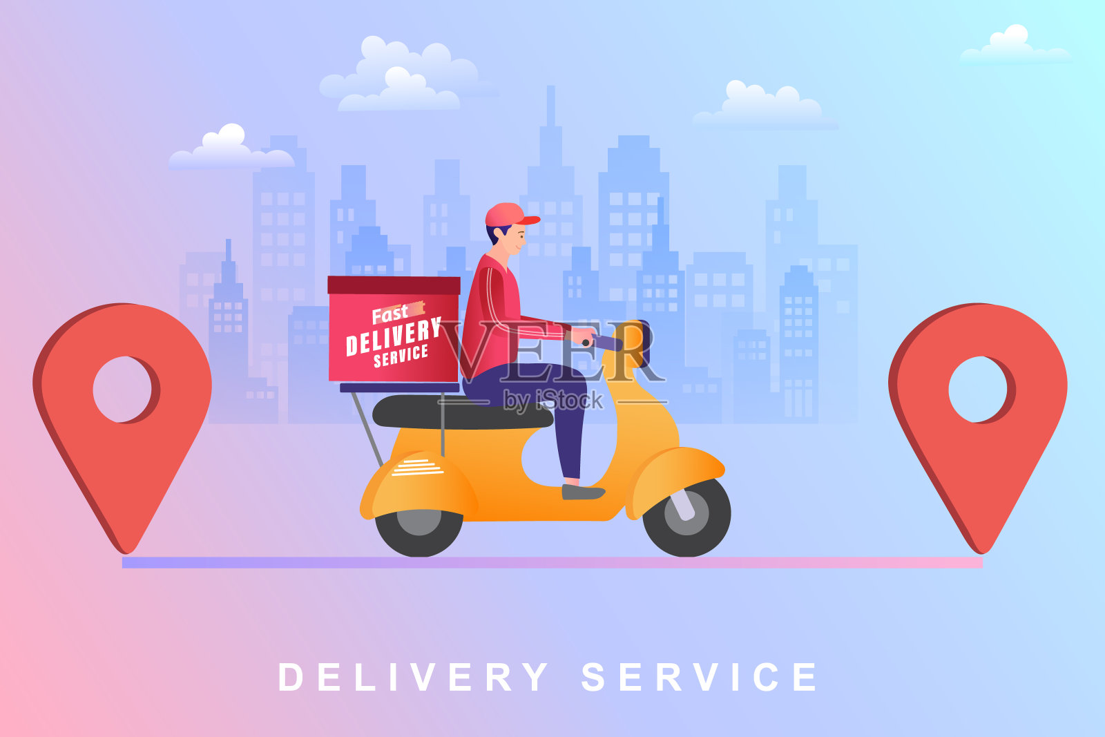 交付的概念。智能手机下单，男士在线送货。通过手机平面设计风格在社交网络上购物。矢量插图。插画图片素材