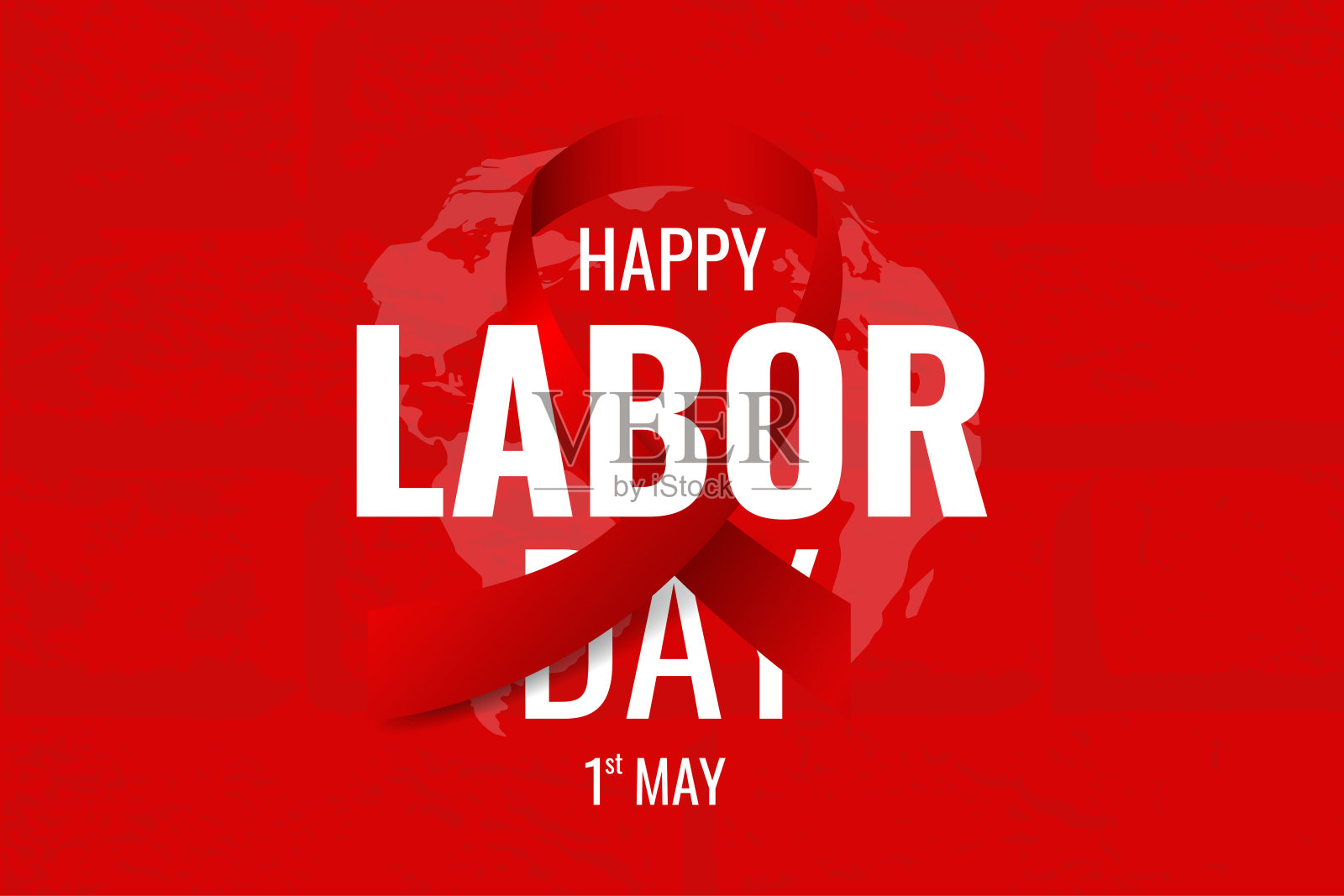 快乐劳动节砖墙纹理与红色缎带和红色背景文字。第一幅五月劳动节横幅，海报，贺卡，传单。社会主义国际求救标语。矢量图插画图片素材