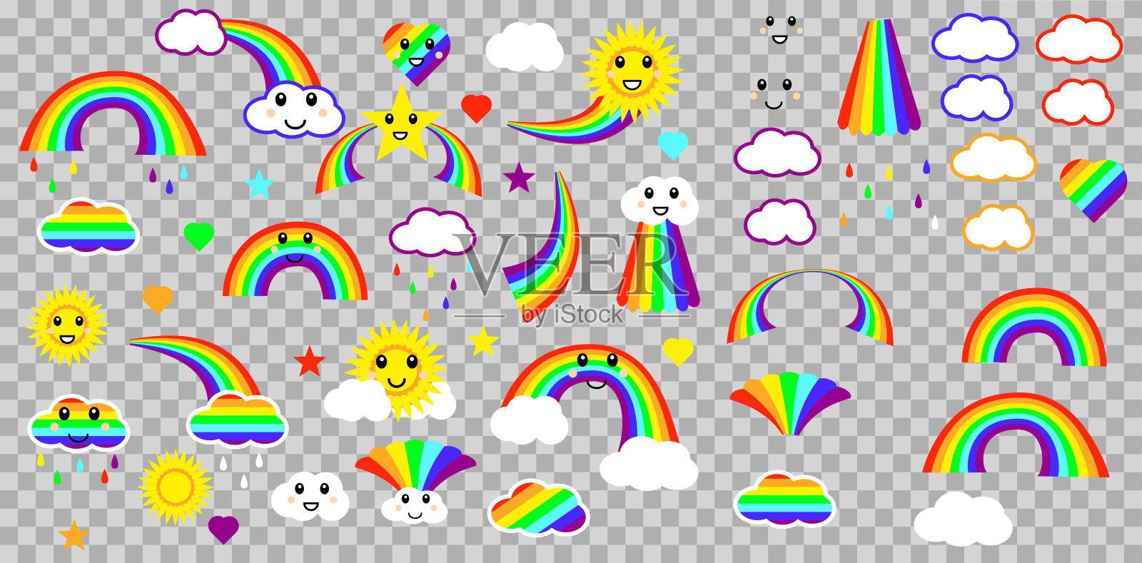 矢量插图。一组彩色的云和彩虹孤立在一个透明的背景。插画图片素材