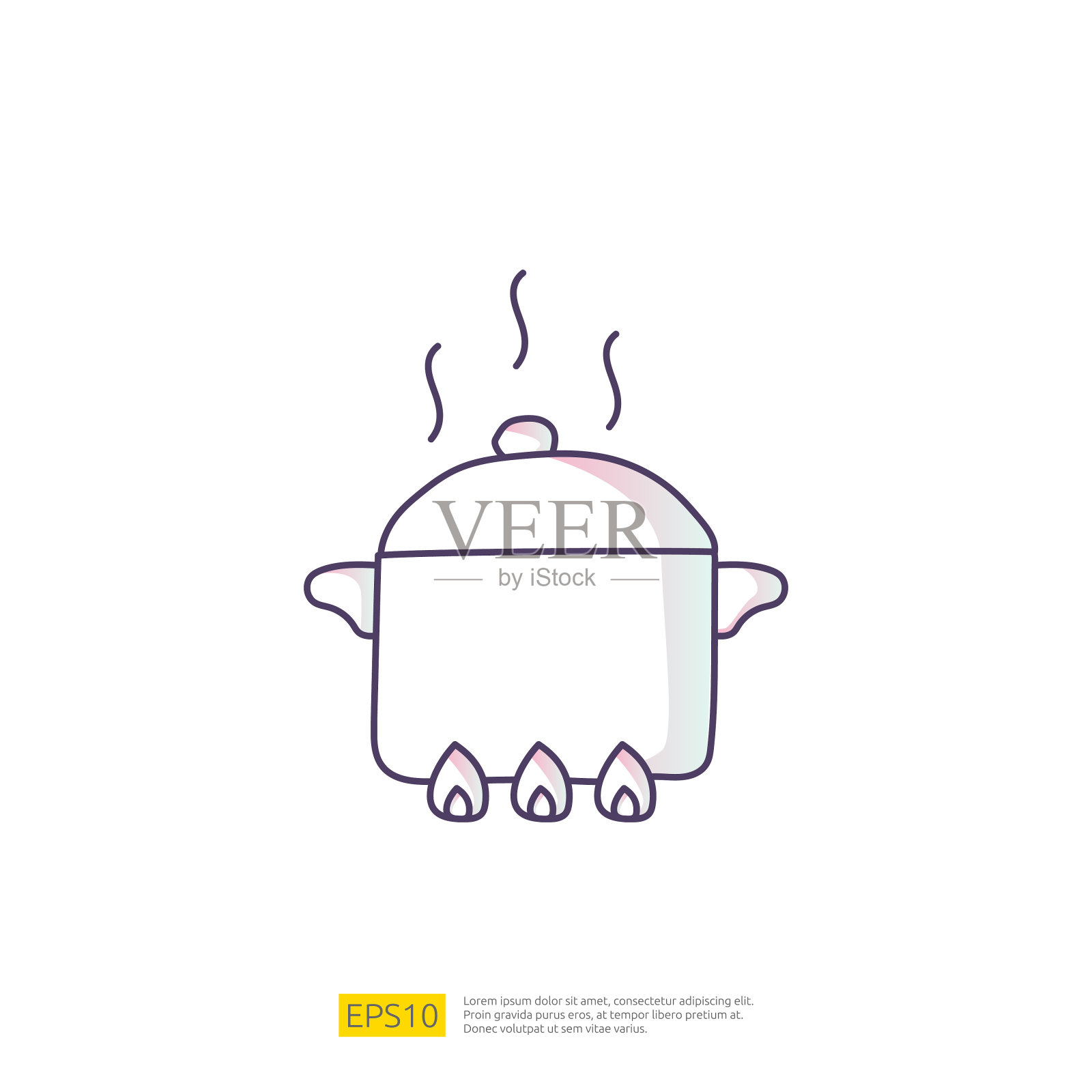 烹饪锅在火上涂鸦图标。梯度填充线符号符号向量插图插画图片素材