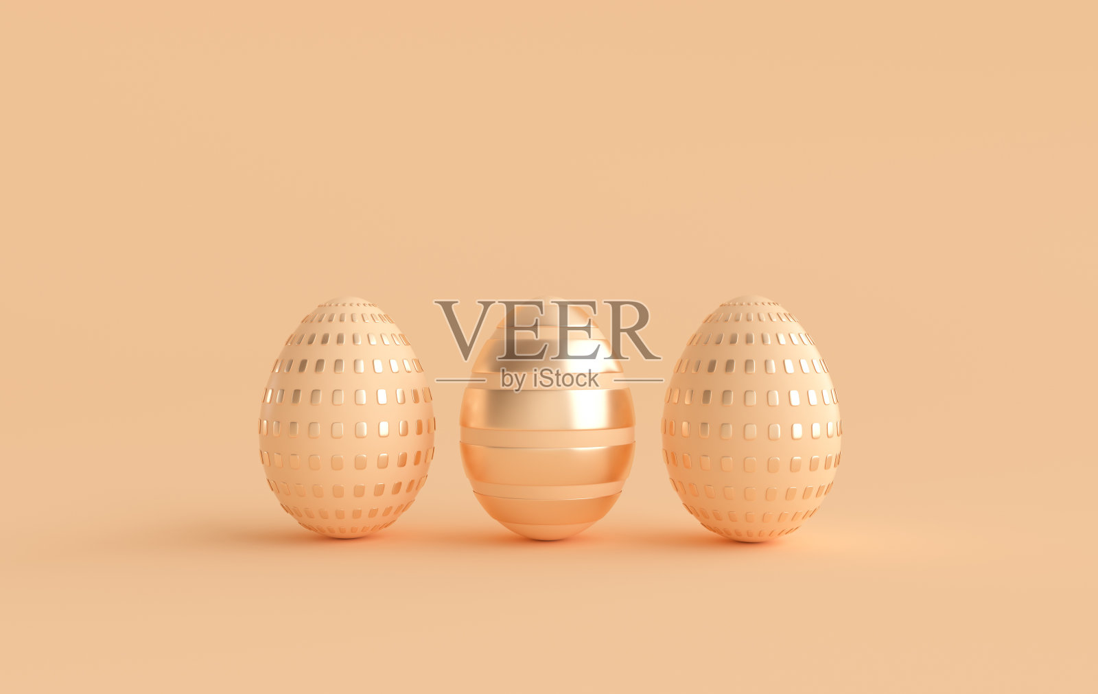 粉彩米色和光滑的金色复活节彩蛋在米色背景。3d渲染，数字生成模板。复活节快乐大狩猎或销售横幅照片摄影图片