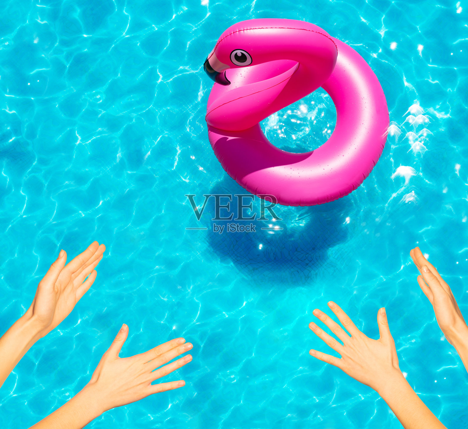 手到达充气火烈鸟游泳在游泳池照片摄影图片