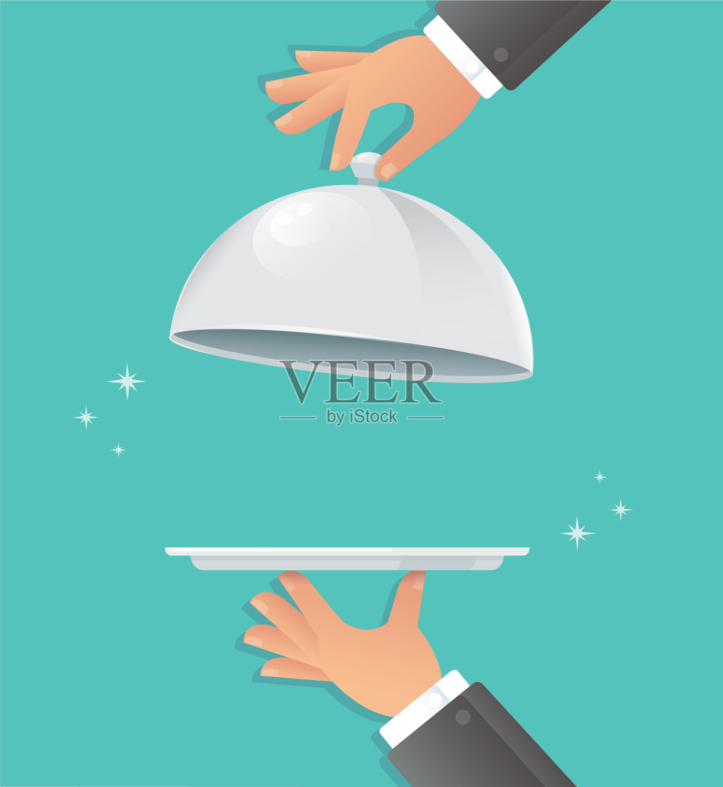 侍者用银质钟形餐具上菜插画图片素材