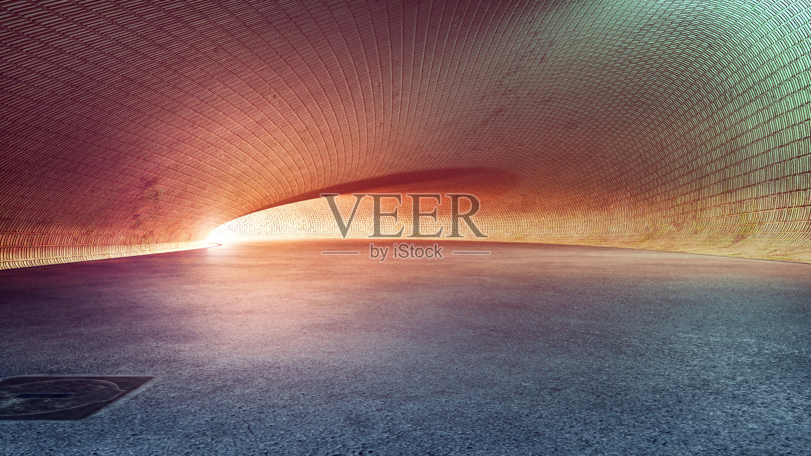 大厅或陈列室的混凝土地板与弯曲的砖墙背景。照片摄影图片